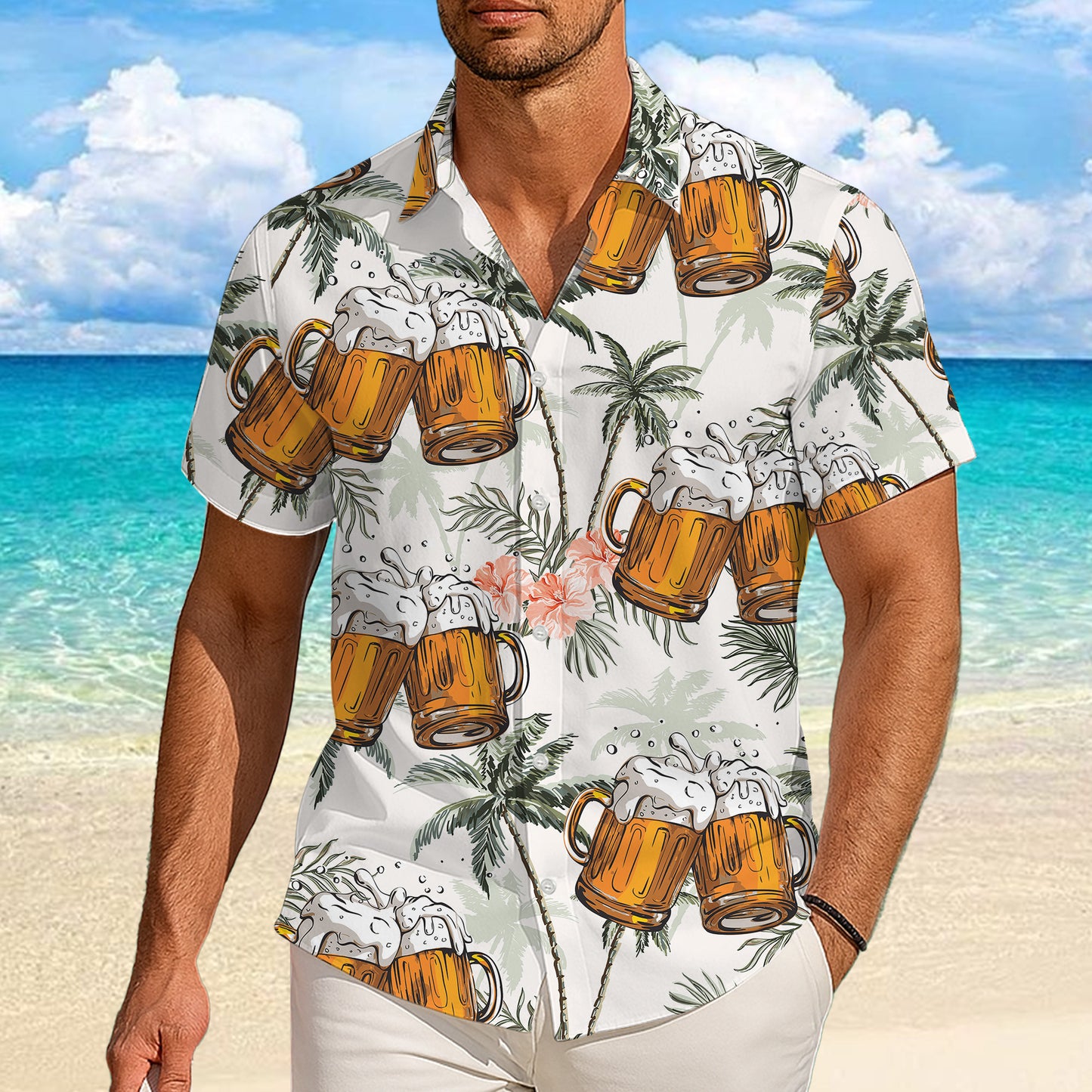 Beer Hawaiian Shirt for Men, Button Up Shirt for Men, Tropical Short Sleeve Beach Vacation Summer Casual Shirt - 0015