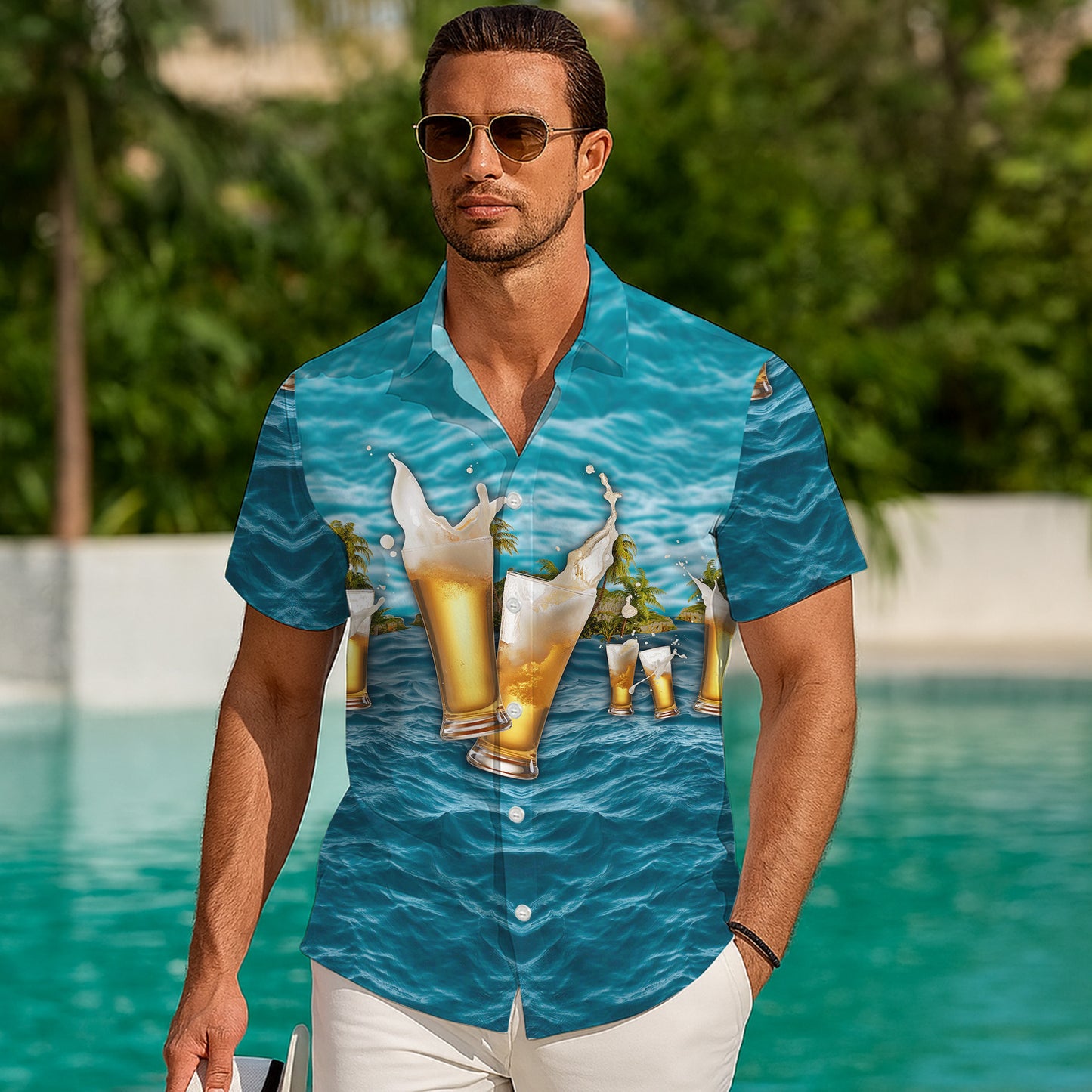 Refreshing Cold Beer Ocean Wave Tropical Beach Hawaiian Shirt Men Women Aloha