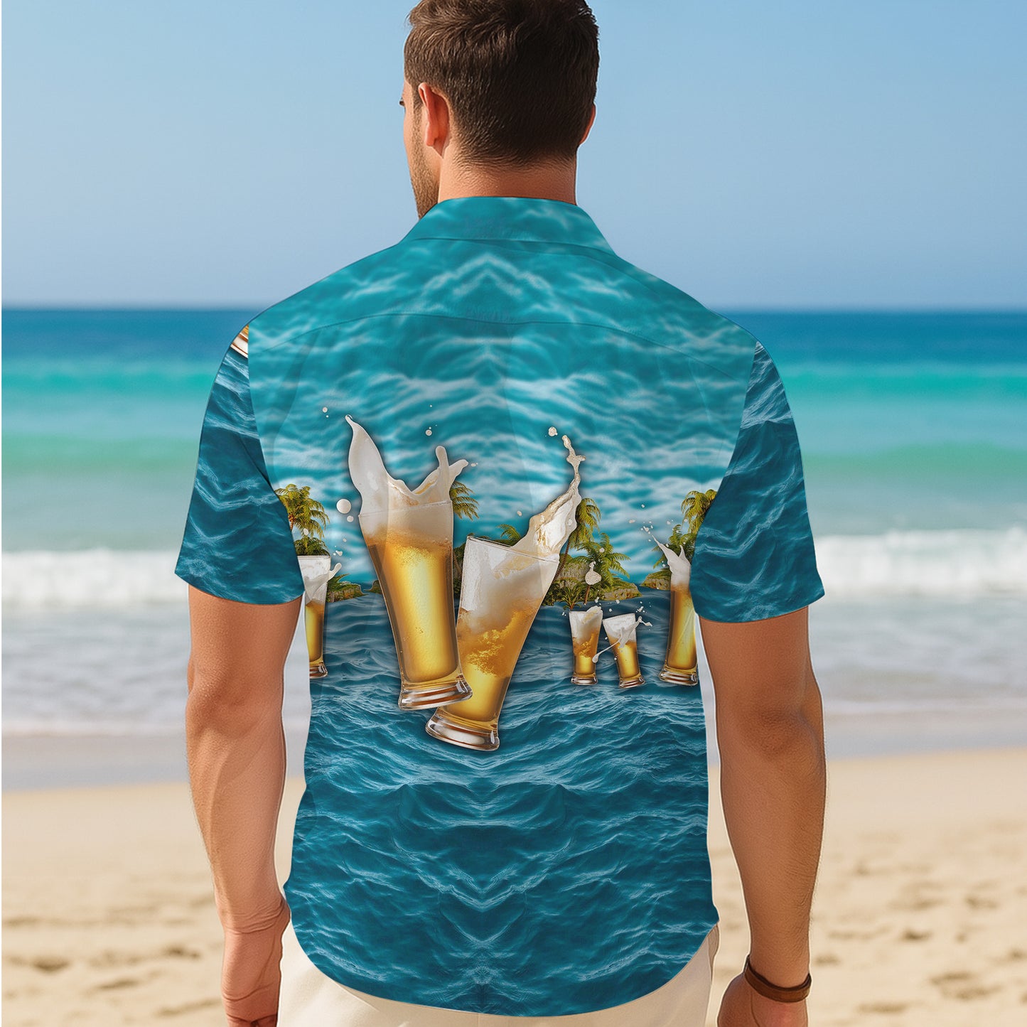 Refreshing Cold Beer Ocean Wave Tropical Beach Hawaiian Shirt Men Women Aloha