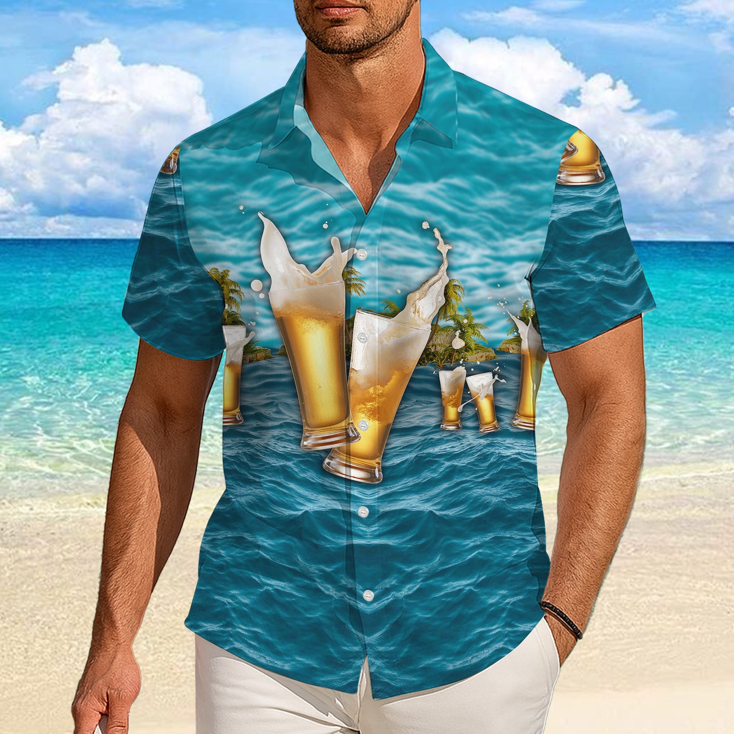 Beer Hawaiian Shirt for Men, Beer Button Up Shirt for Men, Tropical Short Sleeve Beach Vacation Summer Casual Shirt - 0014