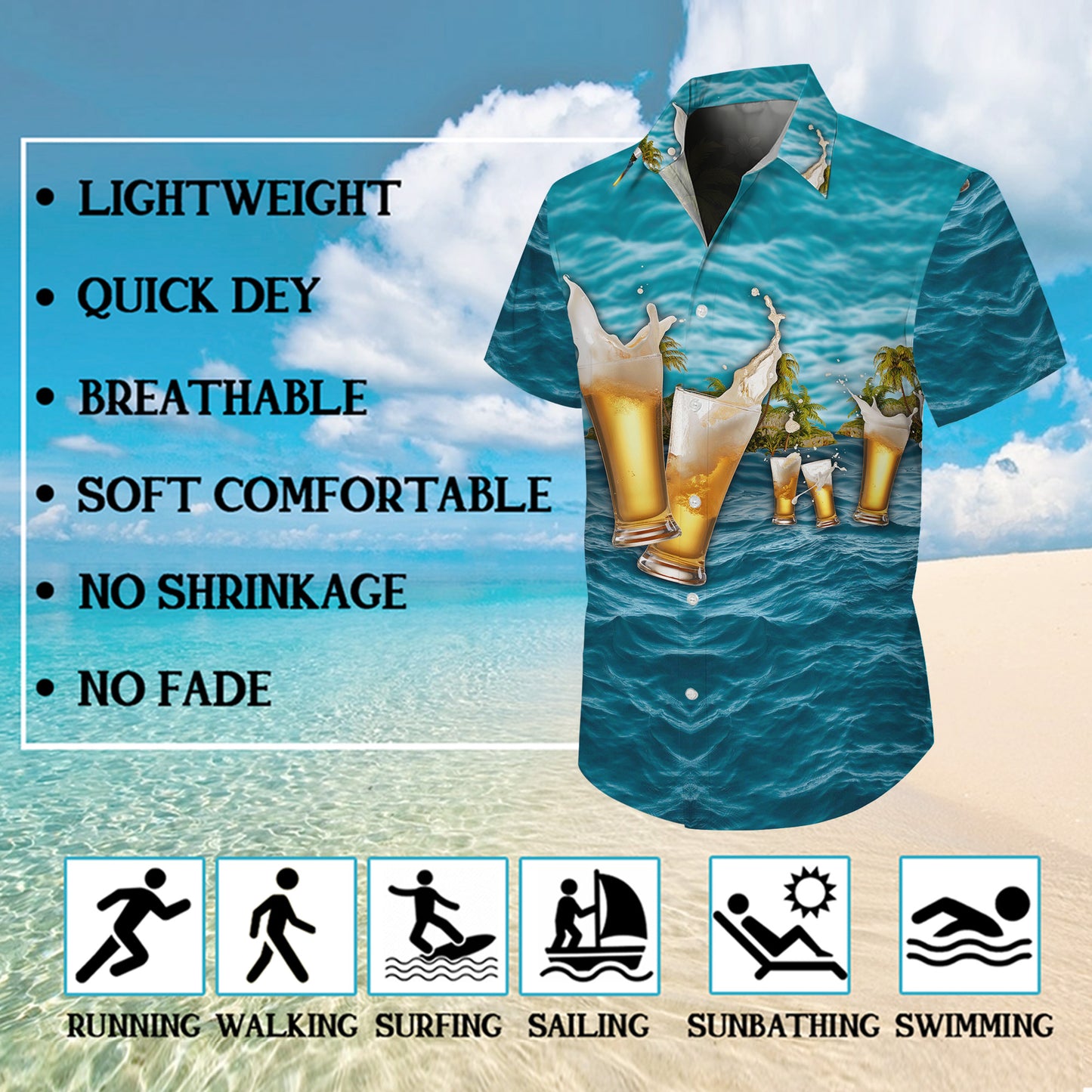 Refreshing Cold Beer Ocean Wave Tropical Beach Hawaiian Shirt Men Women Aloha