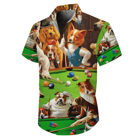 Funny Dogs Playing Pool Vintage Style Hawaiian Shirt for Men & Women Aloha