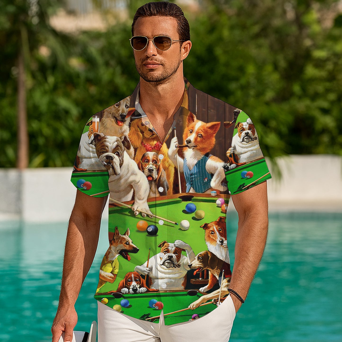 Funny Dogs Playing Pool Vintage Style Hawaiian Shirt for Men & Women Aloha
