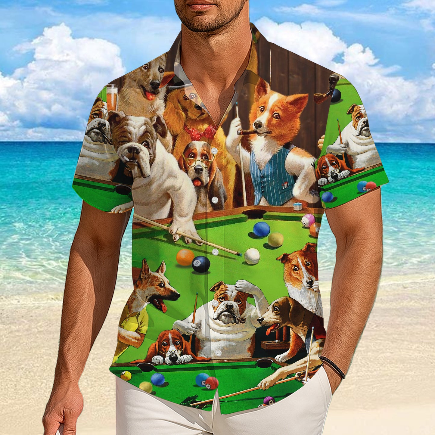 Funny Dogs Playing Pool Vintage Style Hawaiian Shirt for Men & Women Aloha