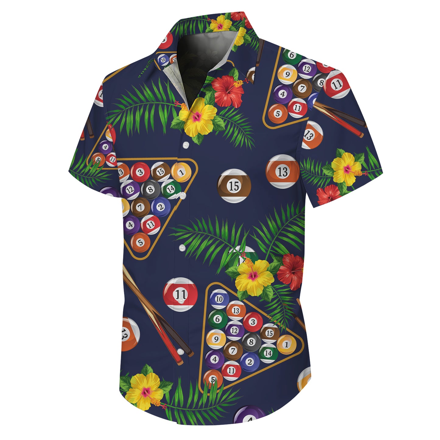 Billiards Pool Balls Tropical Hibiscus Flower Hawaiian Shirt Men Women Aloha