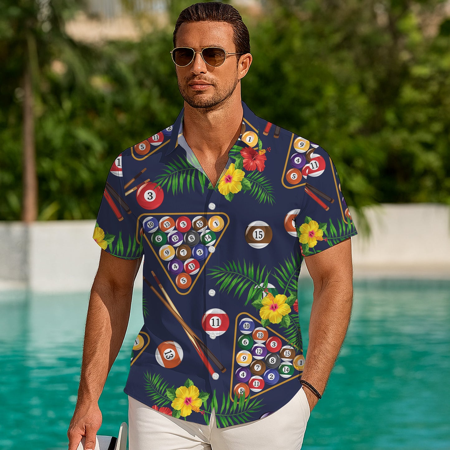 Billiards Pool Balls Tropical Hibiscus Flower Hawaiian Shirt Men Women Aloha