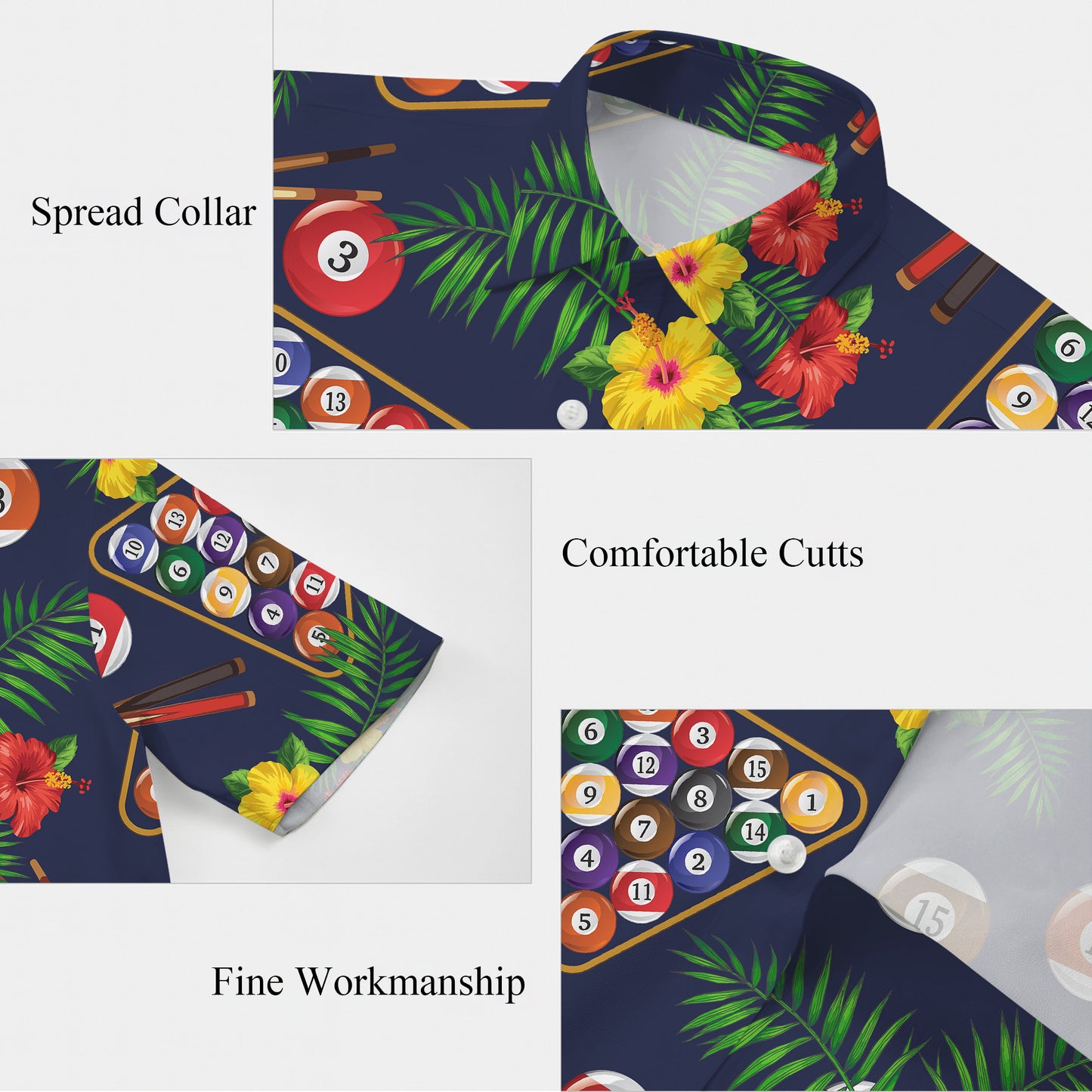 Billiards Pool Balls Tropical Hibiscus Flower Hawaiian Shirt Men Women Aloha
