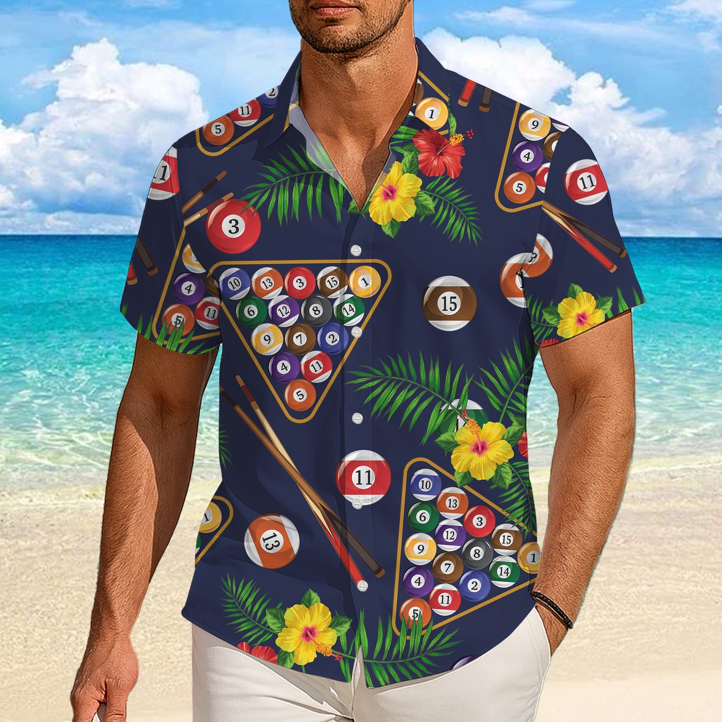 Billiards Pool Balls Tropical Hibiscus Flower Hawaiian Shirt Men Women Aloha
