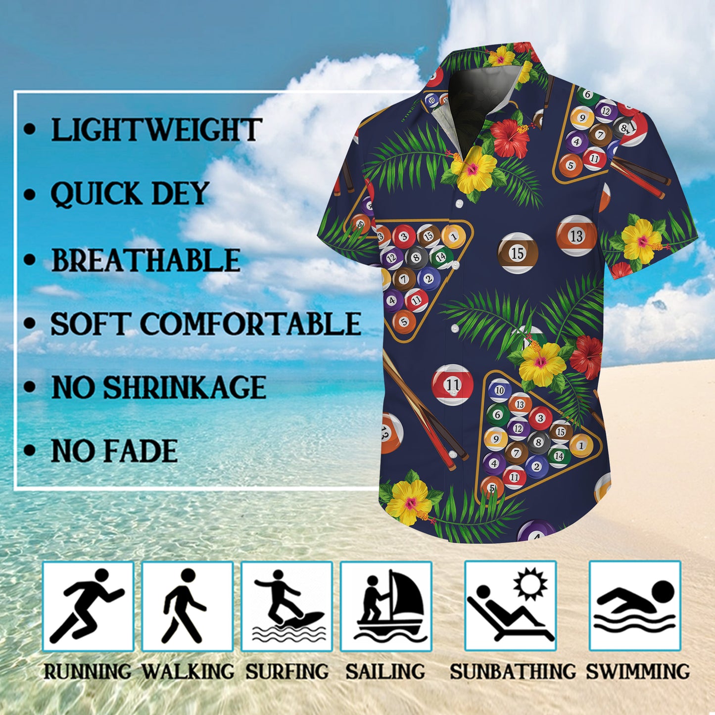 Billiards Pool Balls Tropical Hibiscus Flower Hawaiian Shirt Men Women Aloha