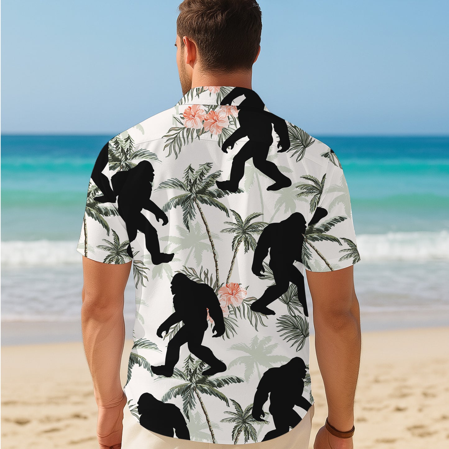 Bigfoot Hawaiian Shirt for Men, Sasquatch Button Up Shirt for Men, Tropical Short Sleeve Beach Vacation Summer Casual Shirt - 0012