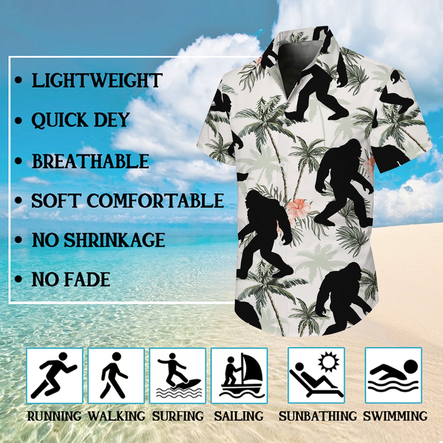 Bigfoot Hawaiian Shirt for Men, Sasquatch Button Up Shirt for Men, Tropical Short Sleeve Beach Vacation Summer Casual Shirt - 0012