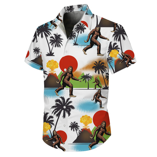 Bigfoot Volcano Tropical Beach Palm Tree Hawaiian Shirt for Men & Women Aloha