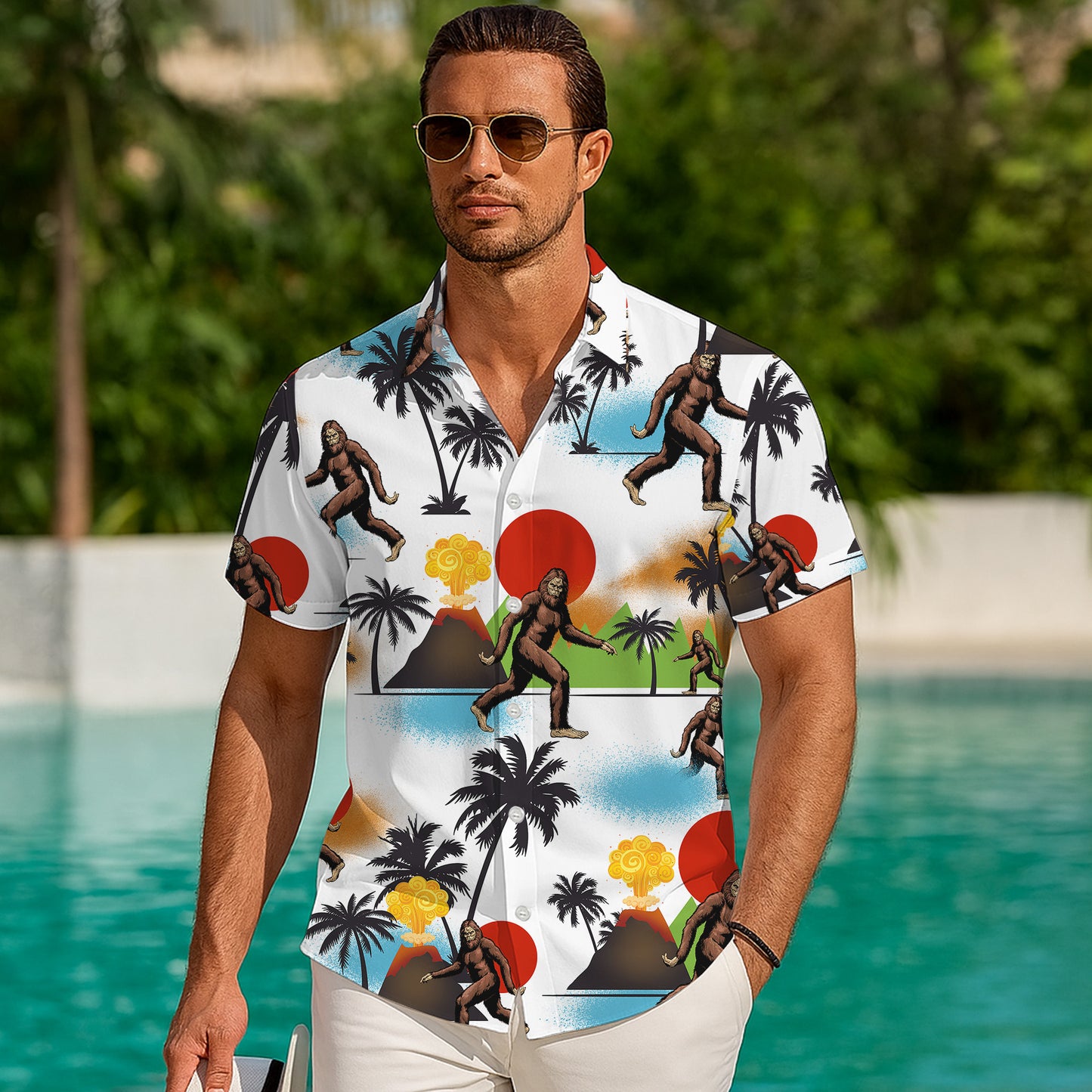 Bigfoot Volcano Tropical Beach Palm Tree Hawaiian Shirt for Men & Women Aloha