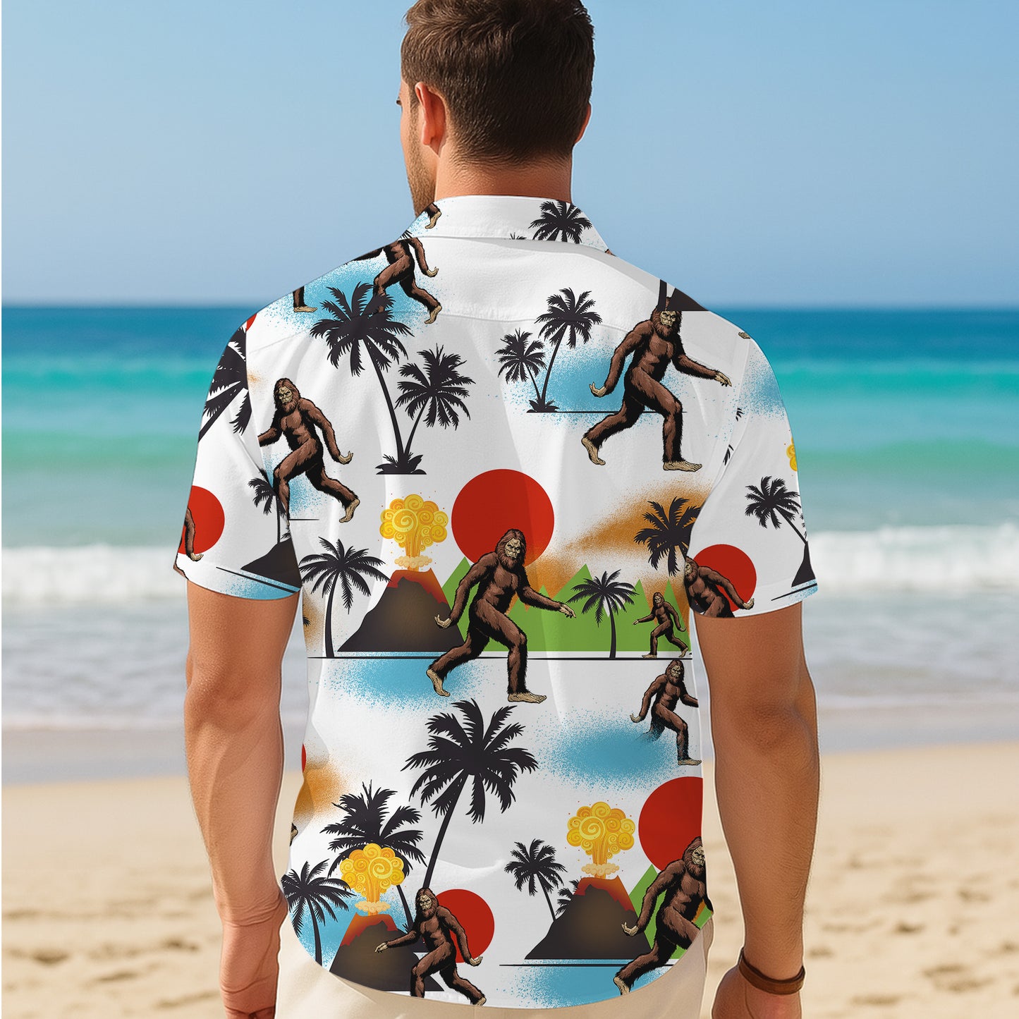 Bigfoot Volcano Tropical Beach Palm Tree Hawaiian Shirt for Men & Women Aloha