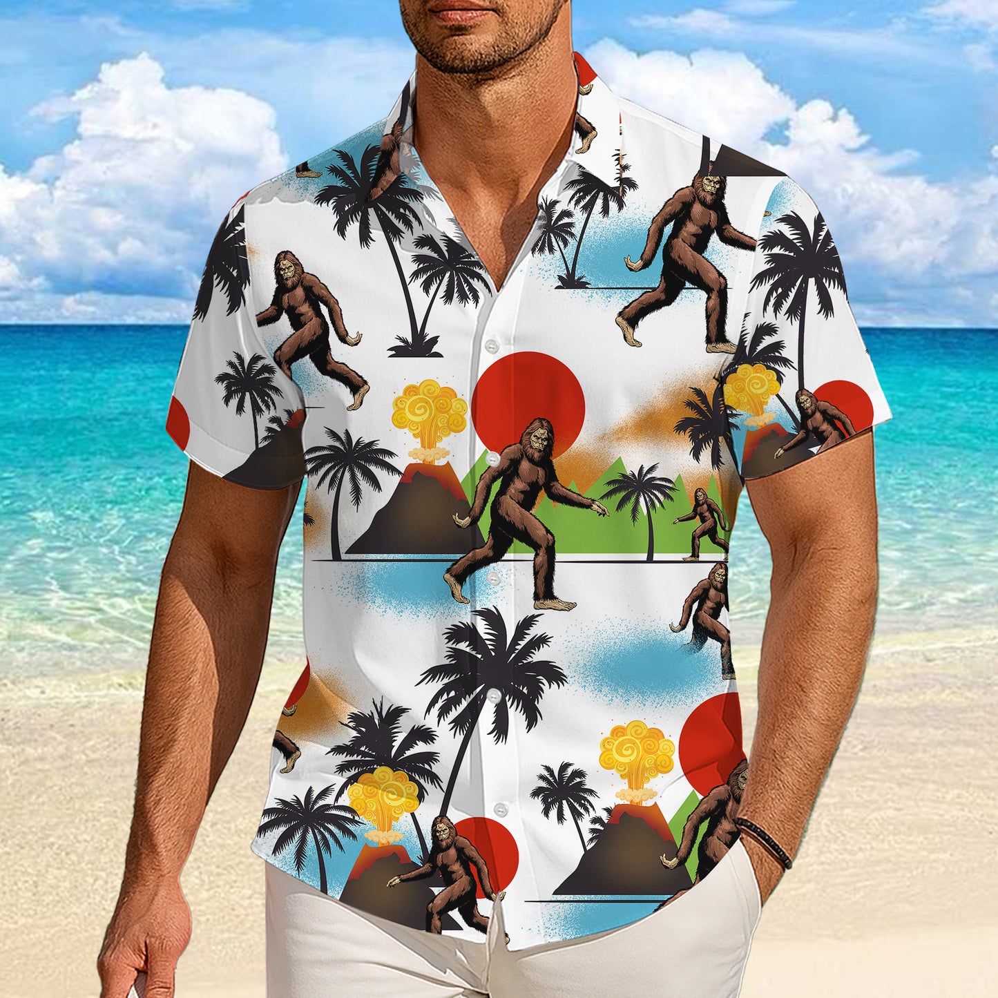 Bigfoot Volcano Tropical Beach Palm Tree Hawaiian Shirt for Men & Women Aloha