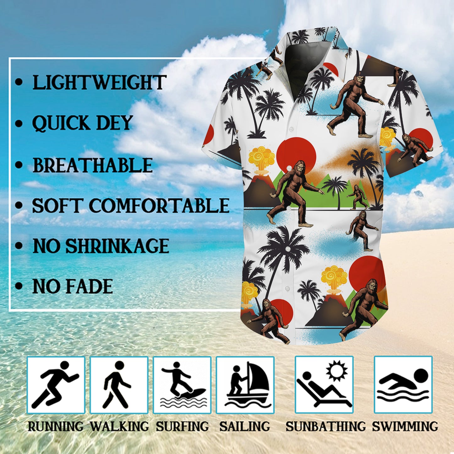 Bigfoot Volcano Tropical Beach Palm Tree Hawaiian Shirt for Men & Women Aloha