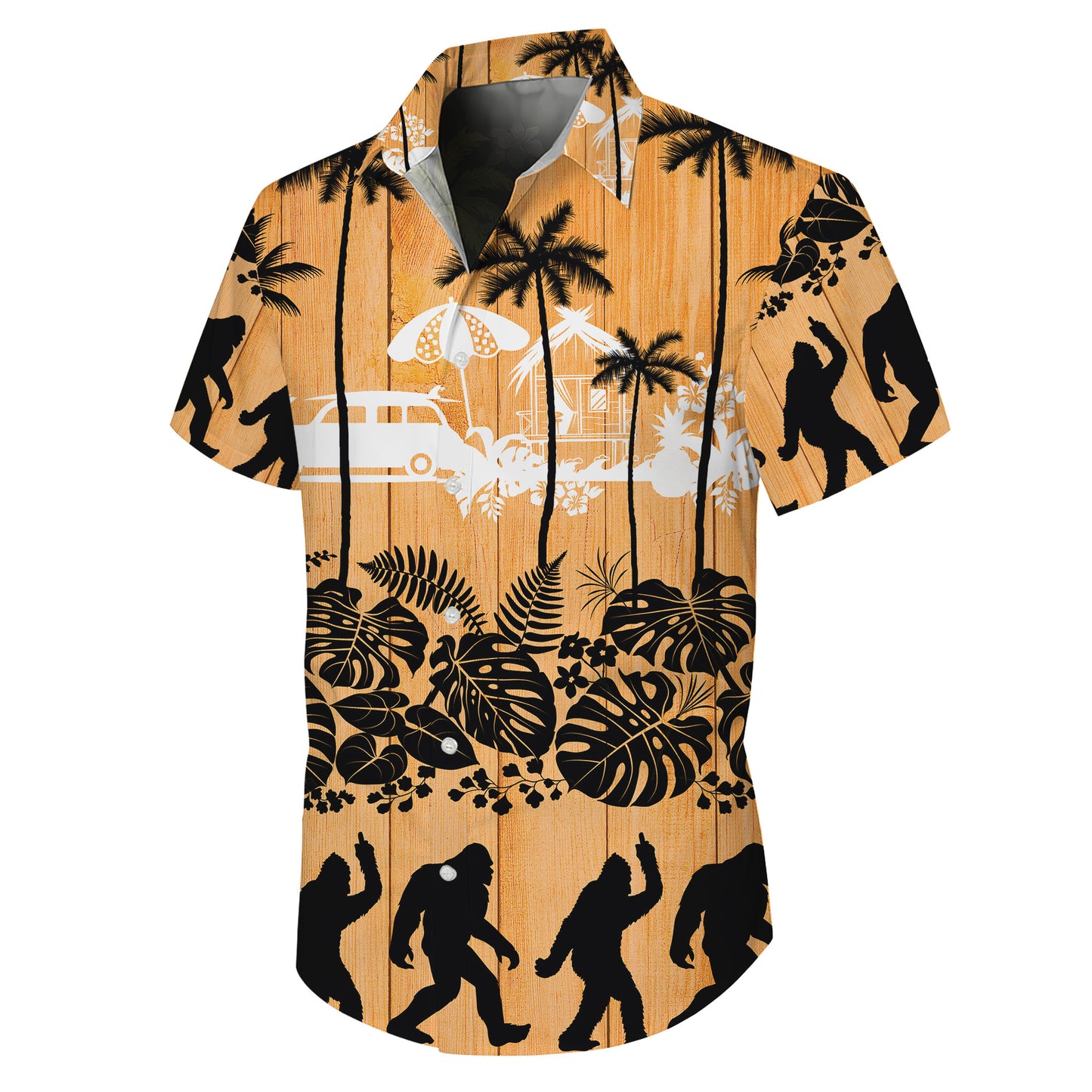 Bigfoot Tropical Beach Vintage Wood Background Hawaiian Shirt Men Women Aloha