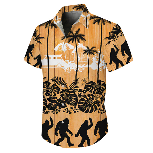 Bigfoot Tropical Beach Vintage Wood Background Hawaiian Shirt Men Women Aloha
