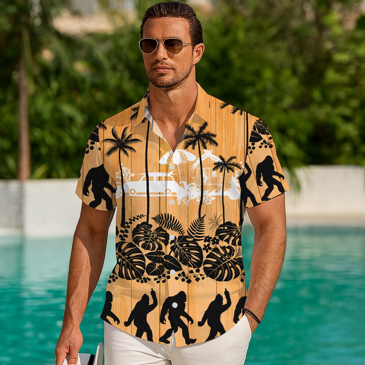 Bigfoot Tropical Beach Vintage Wood Background Hawaiian Shirt Men Women Aloha
