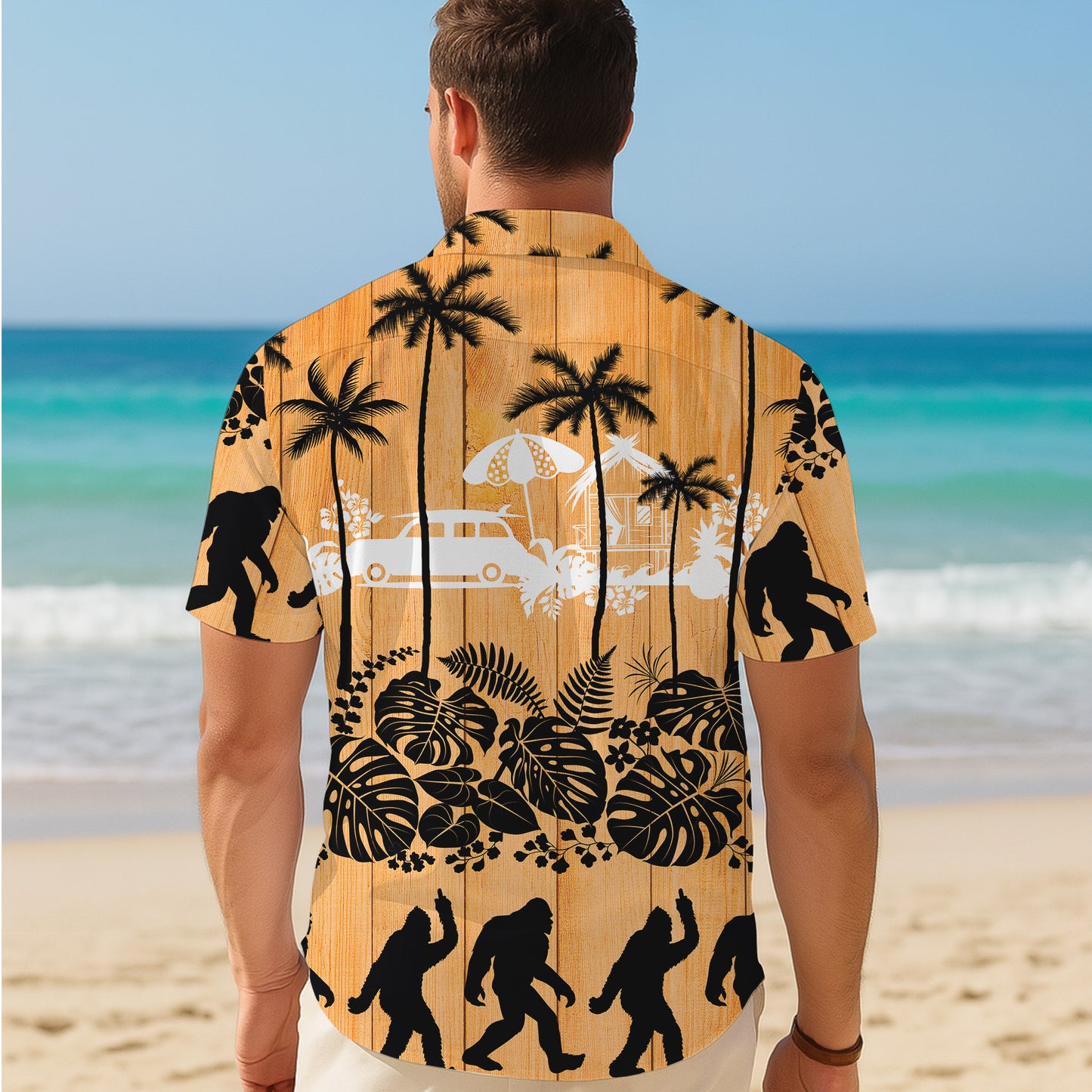 Bigfoot Tropical Beach Vintage Wood Background Hawaiian Shirt Men Women Aloha