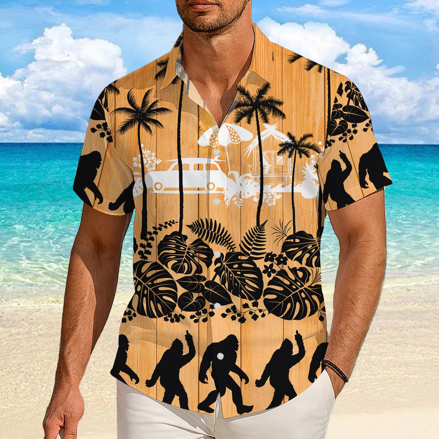 Bigfoot Tropical Beach Vintage Wood Background Hawaiian Shirt Men Women Aloha