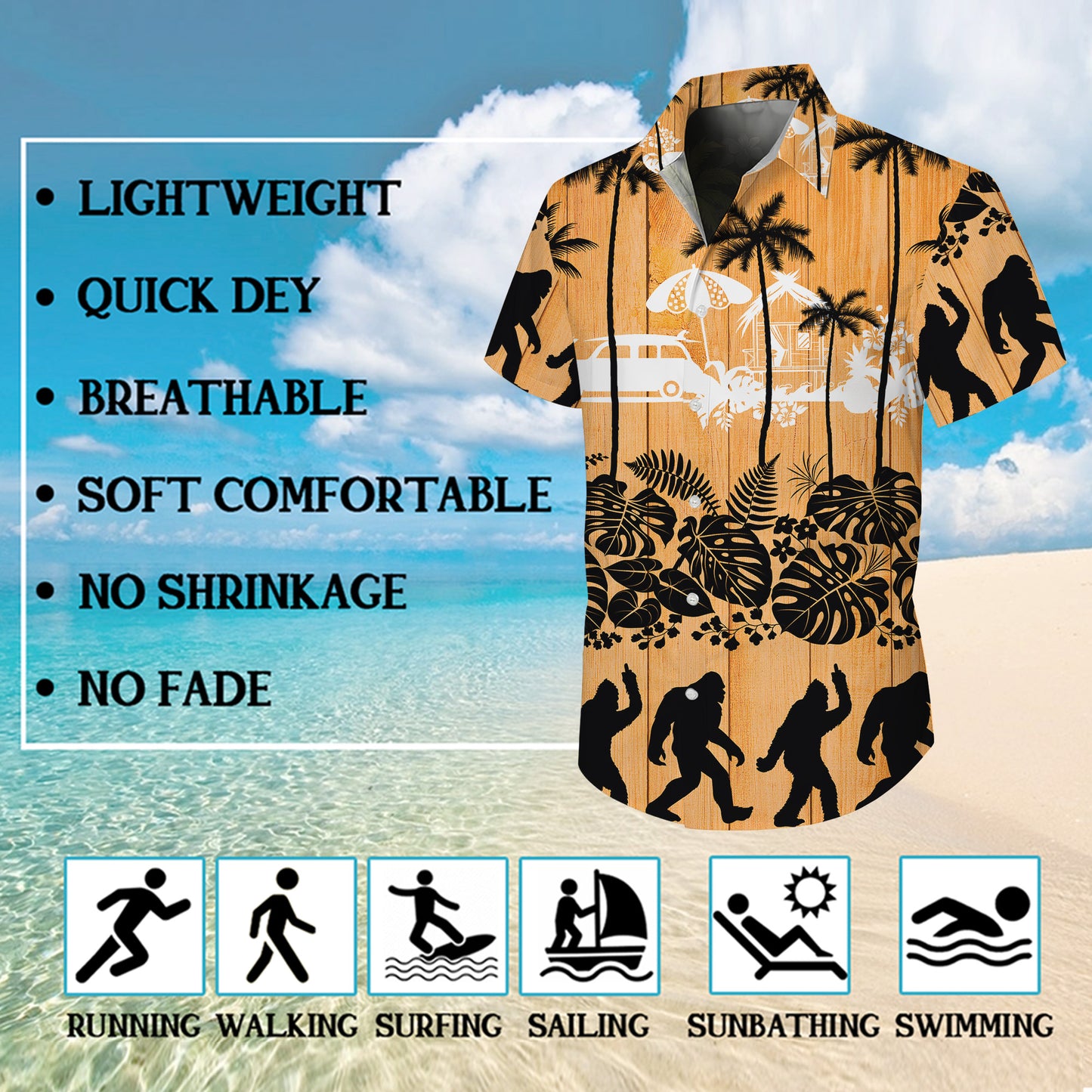 Bigfoot Tropical Beach Vintage Wood Background Hawaiian Shirt Men Women Aloha