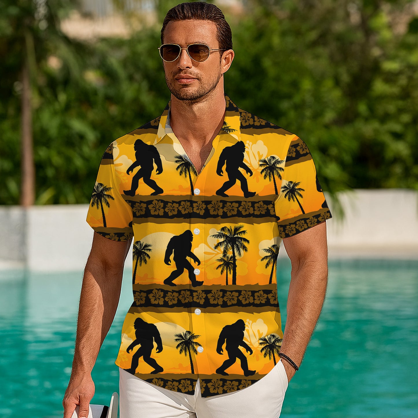 Bigfoot Tropical Sunset Palm Tree Silhouette Hawaiian Shirt Men Women Aloha