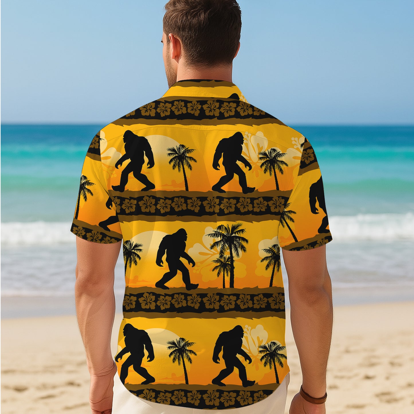 Bigfoot Tropical Sunset Palm Tree Silhouette Hawaiian Shirt Men Women Aloha
