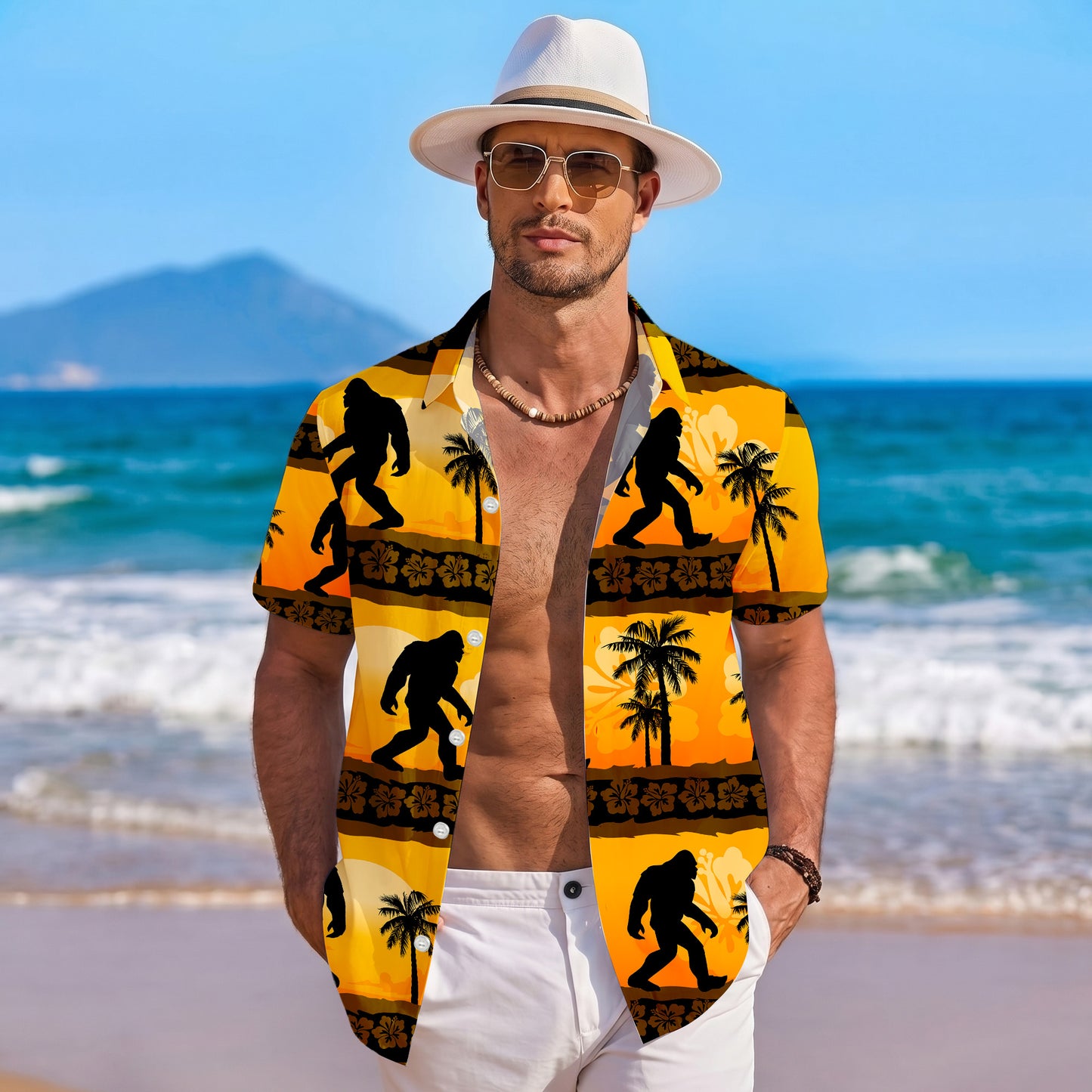 Bigfoot Tropical Sunset Palm Tree Silhouette Hawaiian Shirt Men Women Aloha