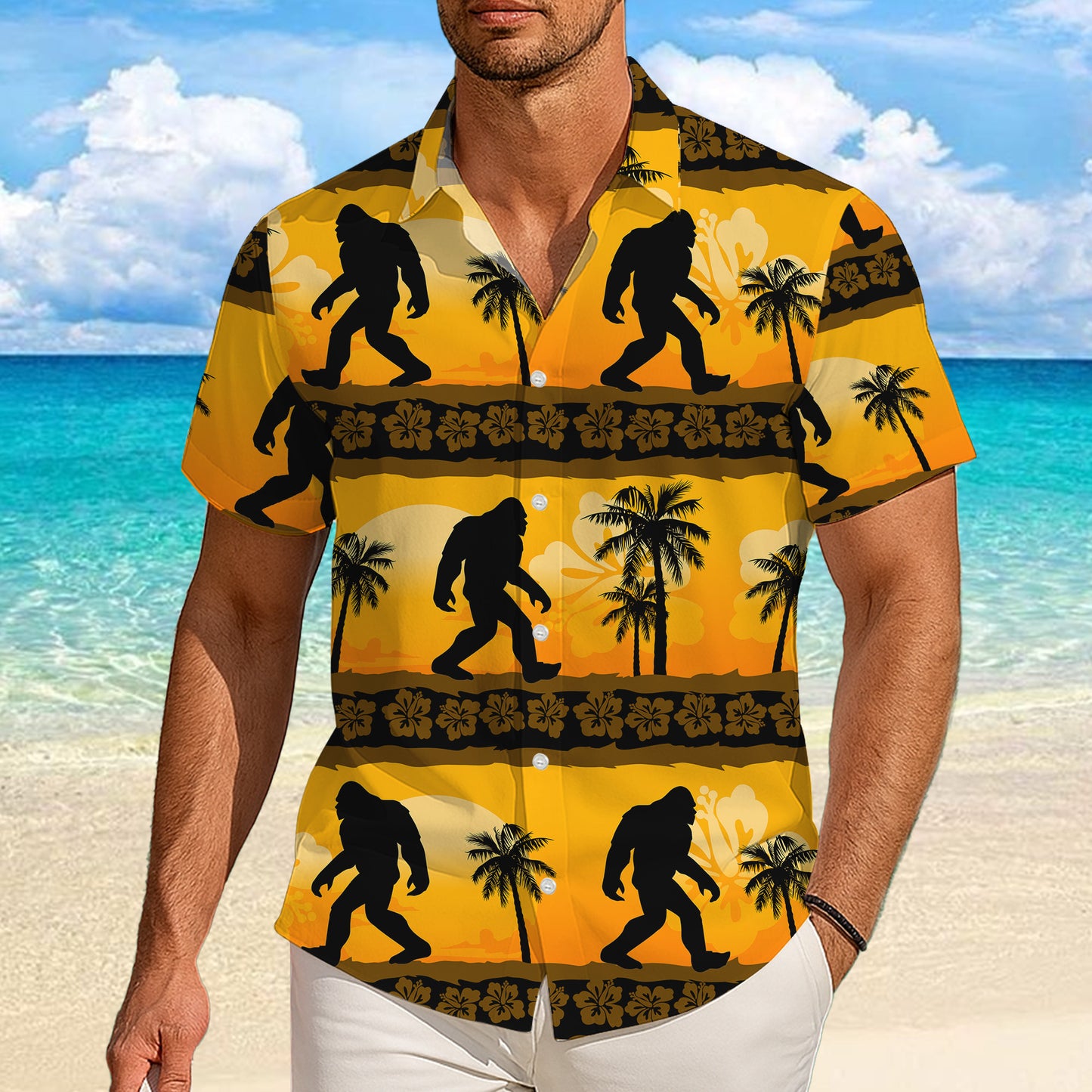 Bigfoot Tropical Sunset Palm Tree Silhouette Hawaiian Shirt Men Women Aloha