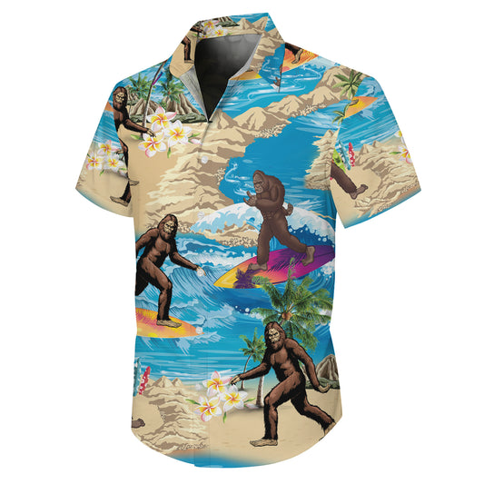 Bigfoot Surfing Tropical Beach Ocean Wave Hawaiian Shirt Men Women Aloha