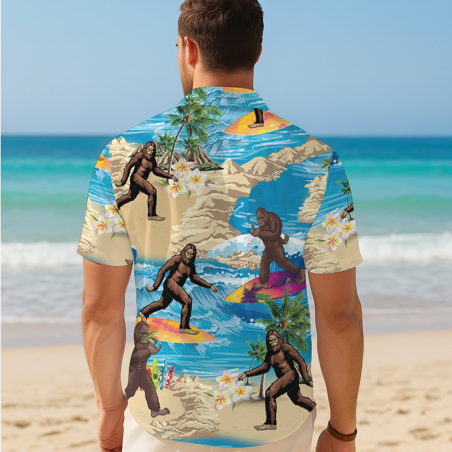 Bigfoot Surfing Tropical Beach Ocean Wave Hawaiian Shirt Men Women Aloha
