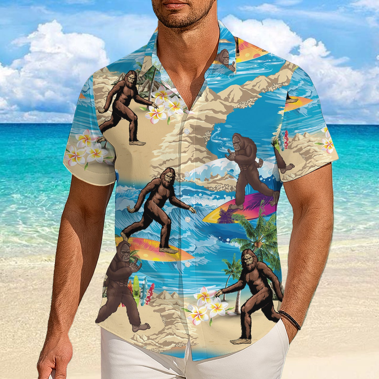 Bigfoot Surfing Tropical Beach Ocean Wave Hawaiian Shirt Men Women Aloha