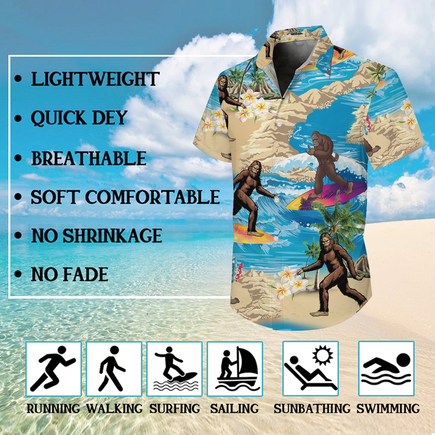 Bigfoot Surfing Tropical Beach Ocean Wave Hawaiian Shirt Men Women Aloha