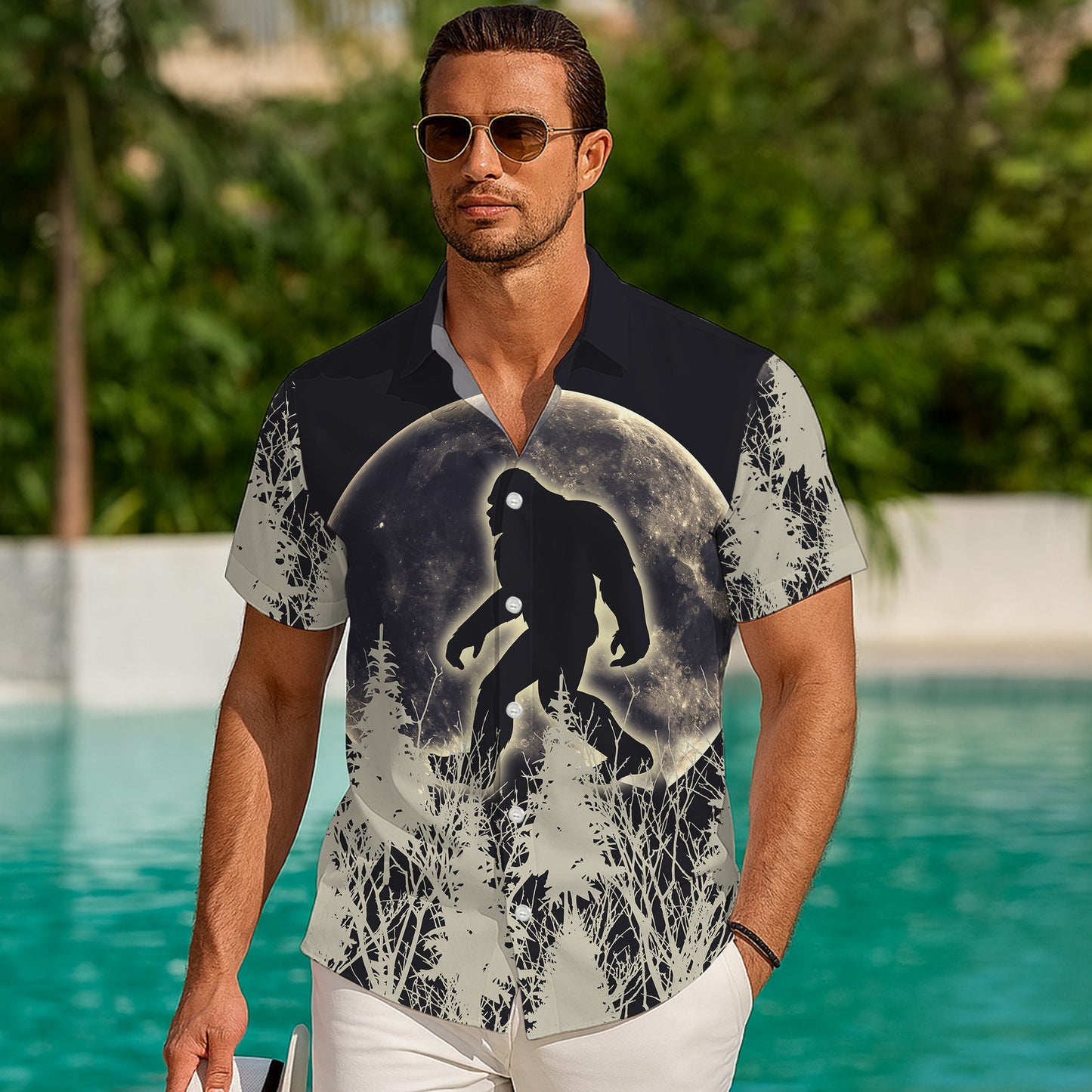 Bigfoot Full Moon Forest Silhouette Artistic Hawaiian Shirt Men Women Aloha