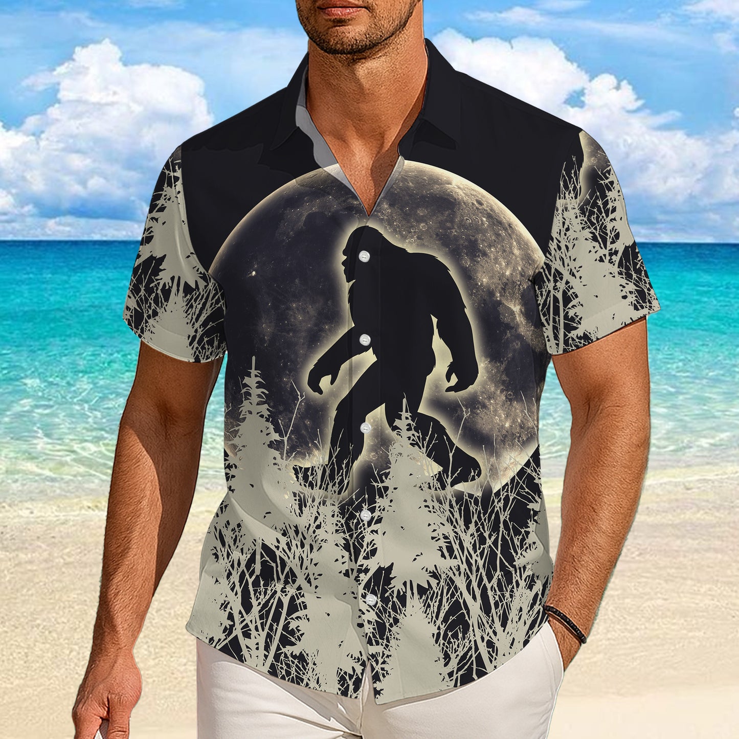 Bigfoot Full Moon Forest Silhouette Artistic Hawaiian Shirt Men Women Aloha