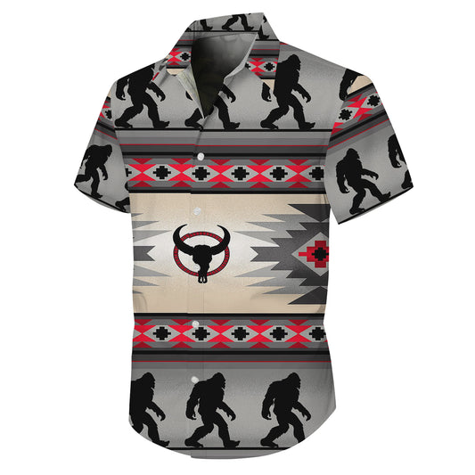 Bigfoot Bull Skull Southwestern Tribal Pattern Hawaiian Shirt Men Women Aloha