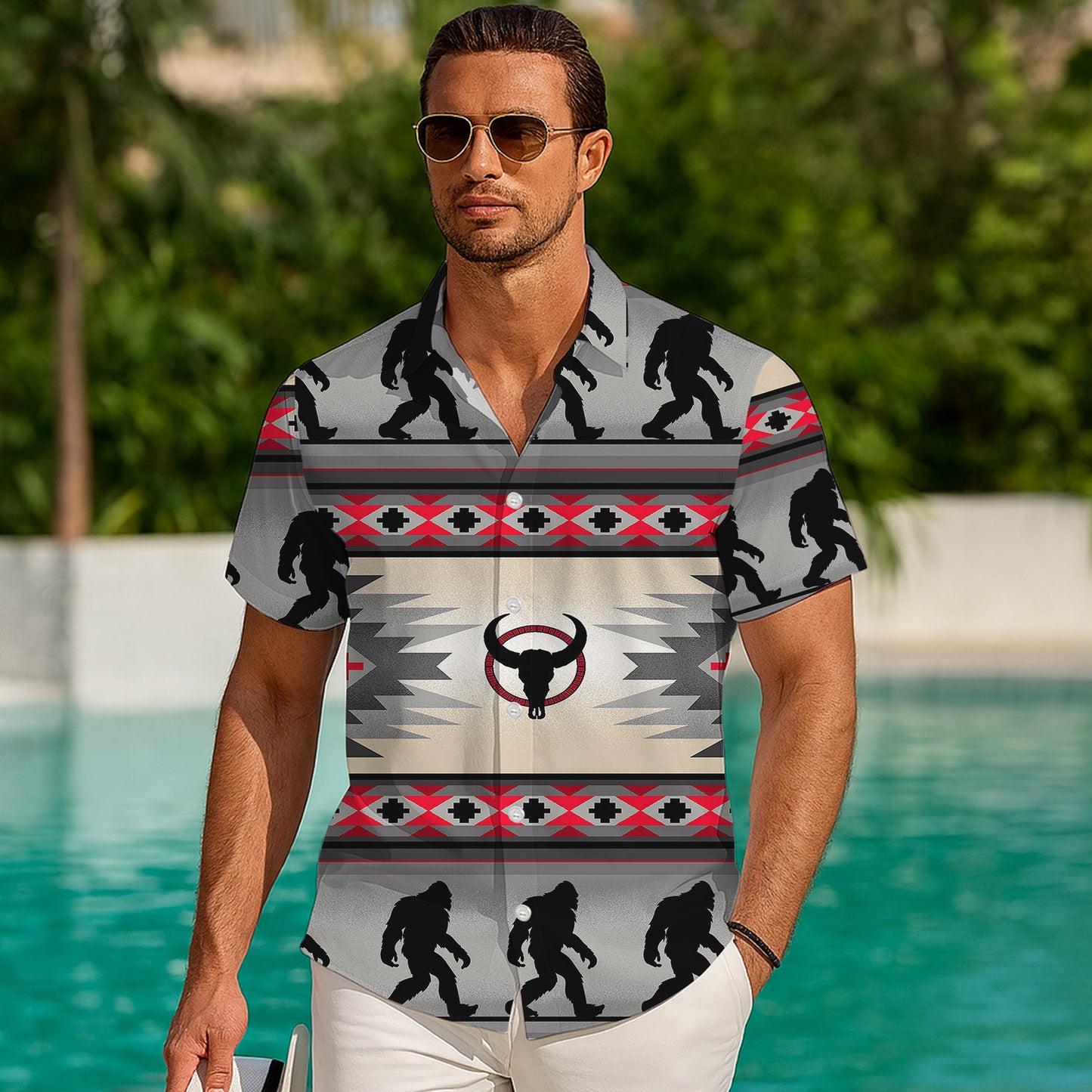 Bigfoot Bull Skull Southwestern Tribal Pattern Hawaiian Shirt Men Women Aloha