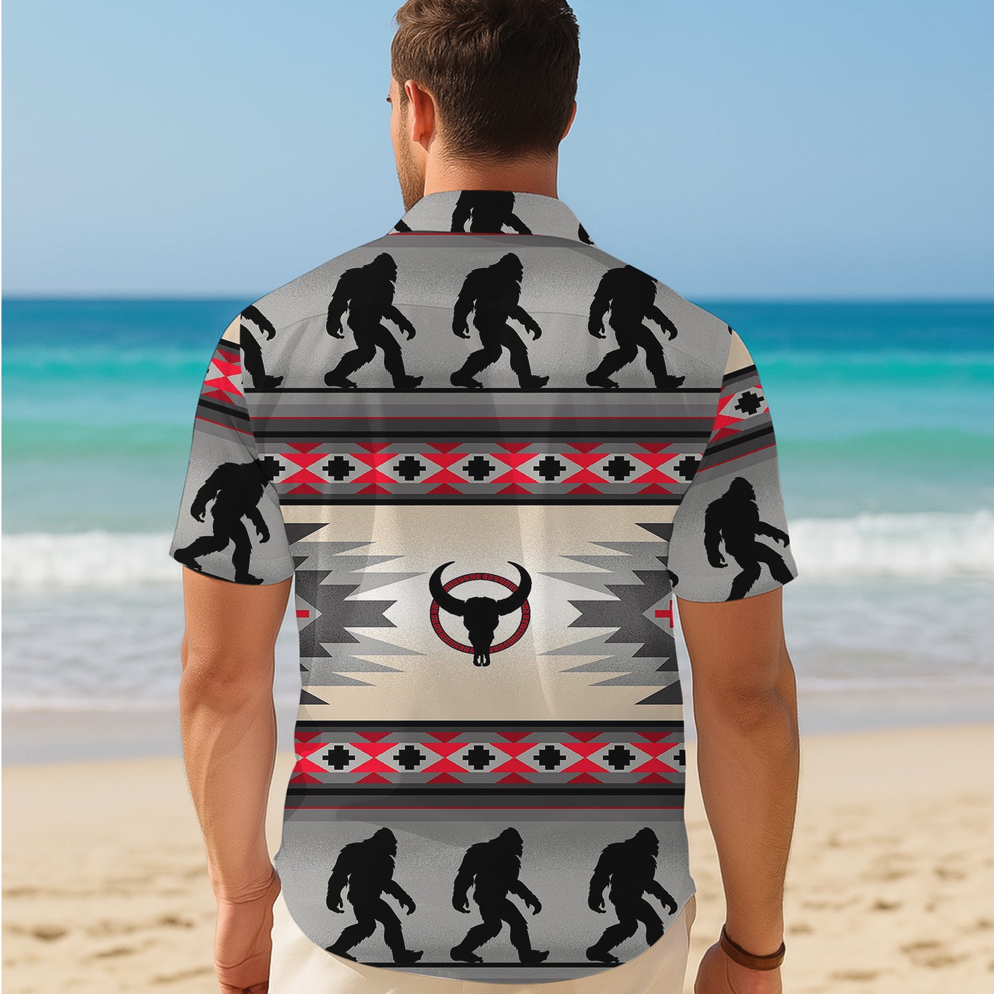 Bigfoot Bull Skull Southwestern Tribal Pattern Hawaiian Shirt Men Women Aloha