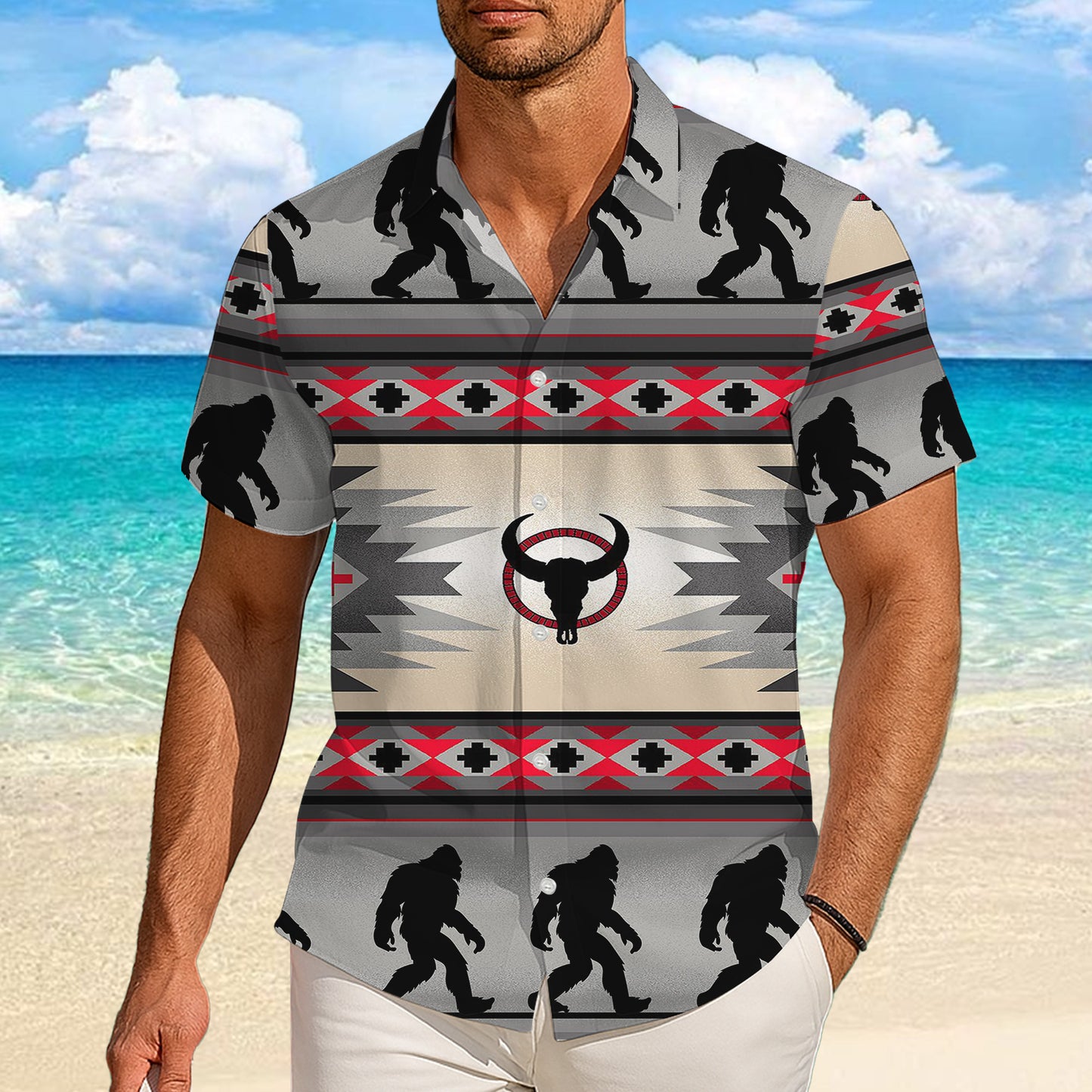 Bigfoot Bull Skull Southwestern Tribal Pattern Hawaiian Shirt Men Women Aloha