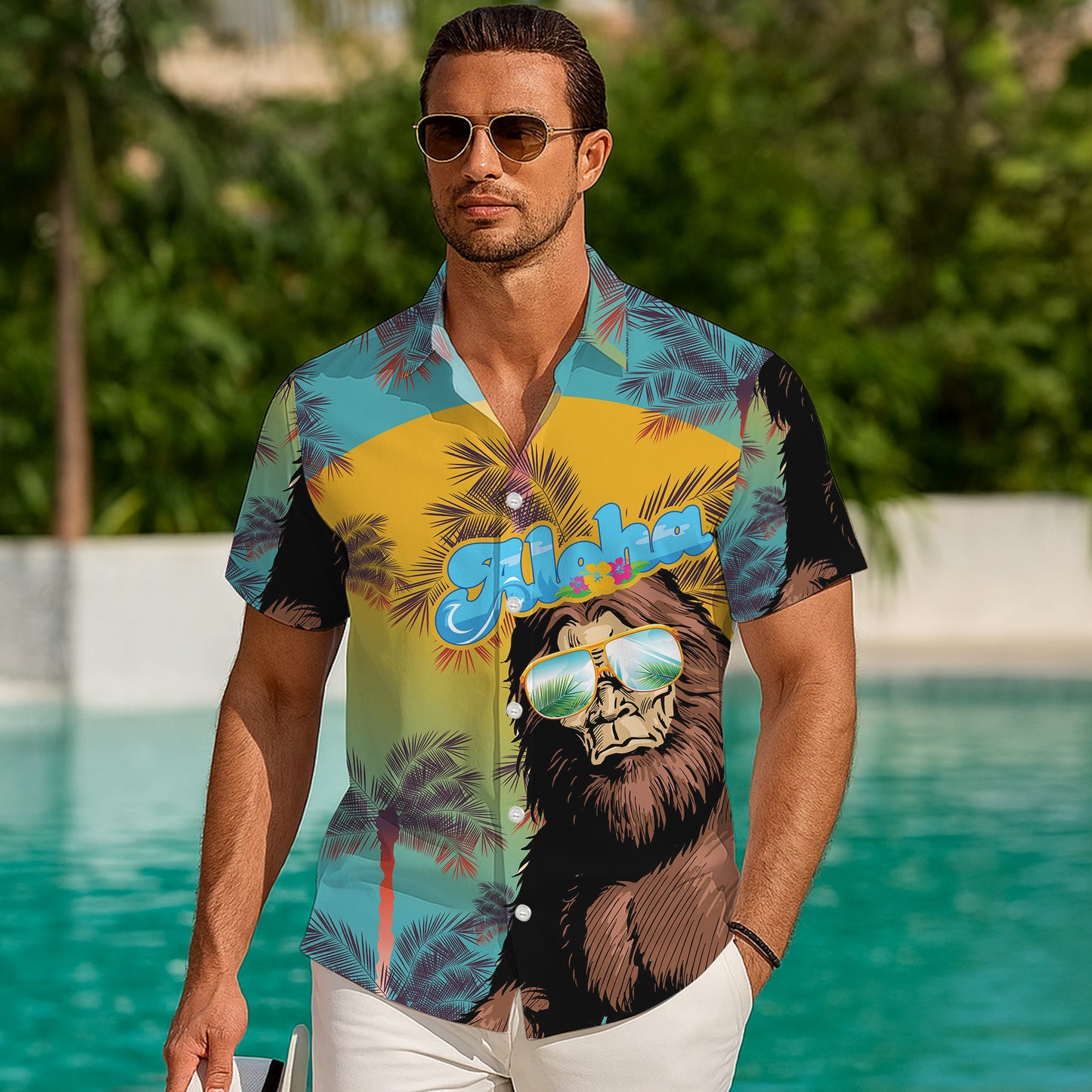 Bigfoot Wearing Sunglasses Aloha Tropical Summer Style Hawaiian Shirt Men Women