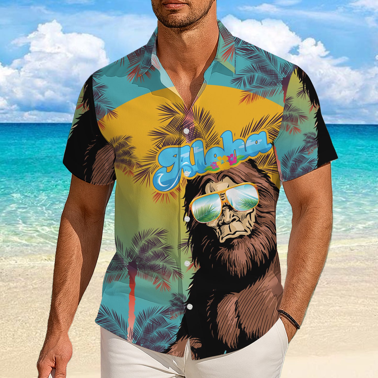 Bigfoot Wearing Sunglasses Aloha Tropical Summer Style Hawaiian Shirt Men Women