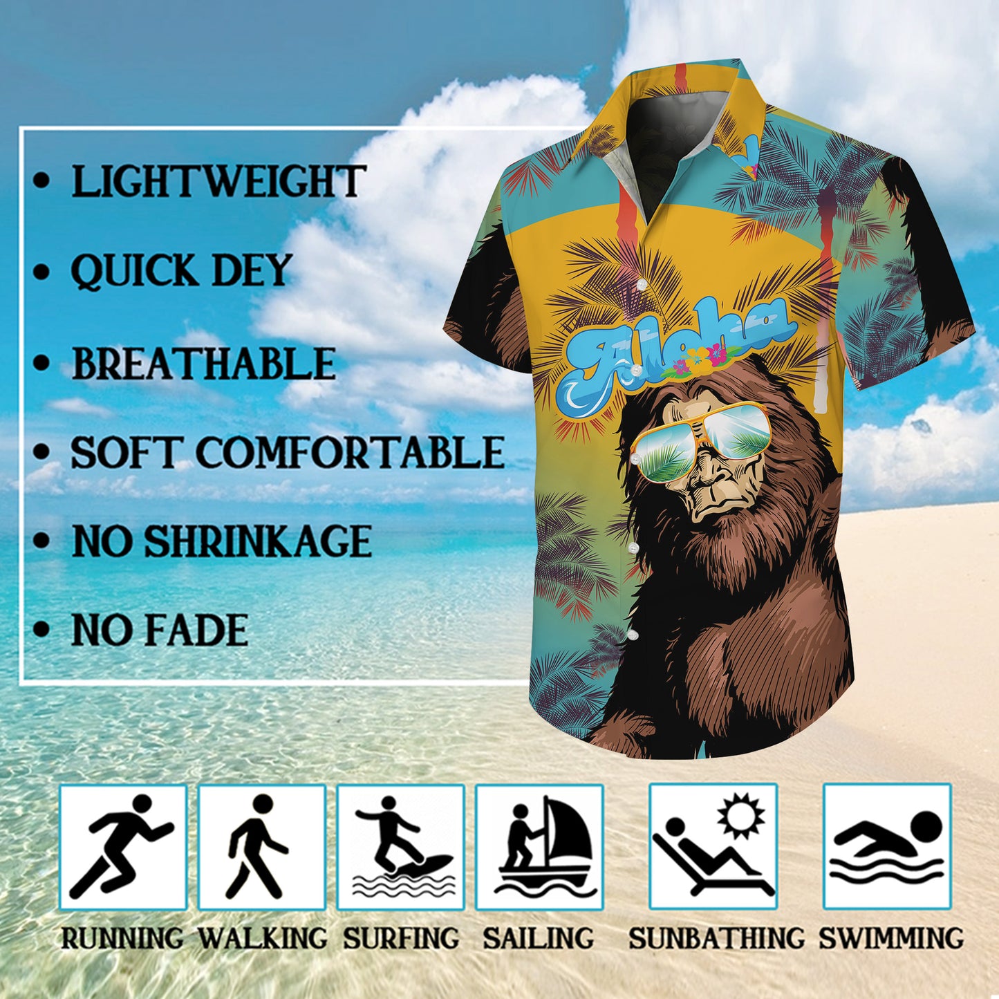 Bigfoot Wearing Sunglasses Aloha Tropical Summer Style Hawaiian Shirt Men Women
