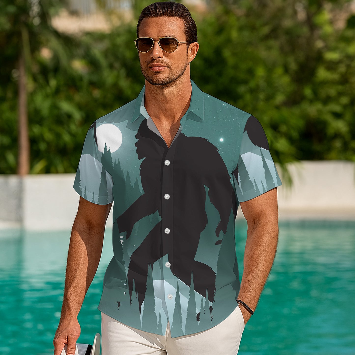 Bigfoot Night Forest Silhouette Artistic Hawaiian Shirt Men Women Casual Aloha
