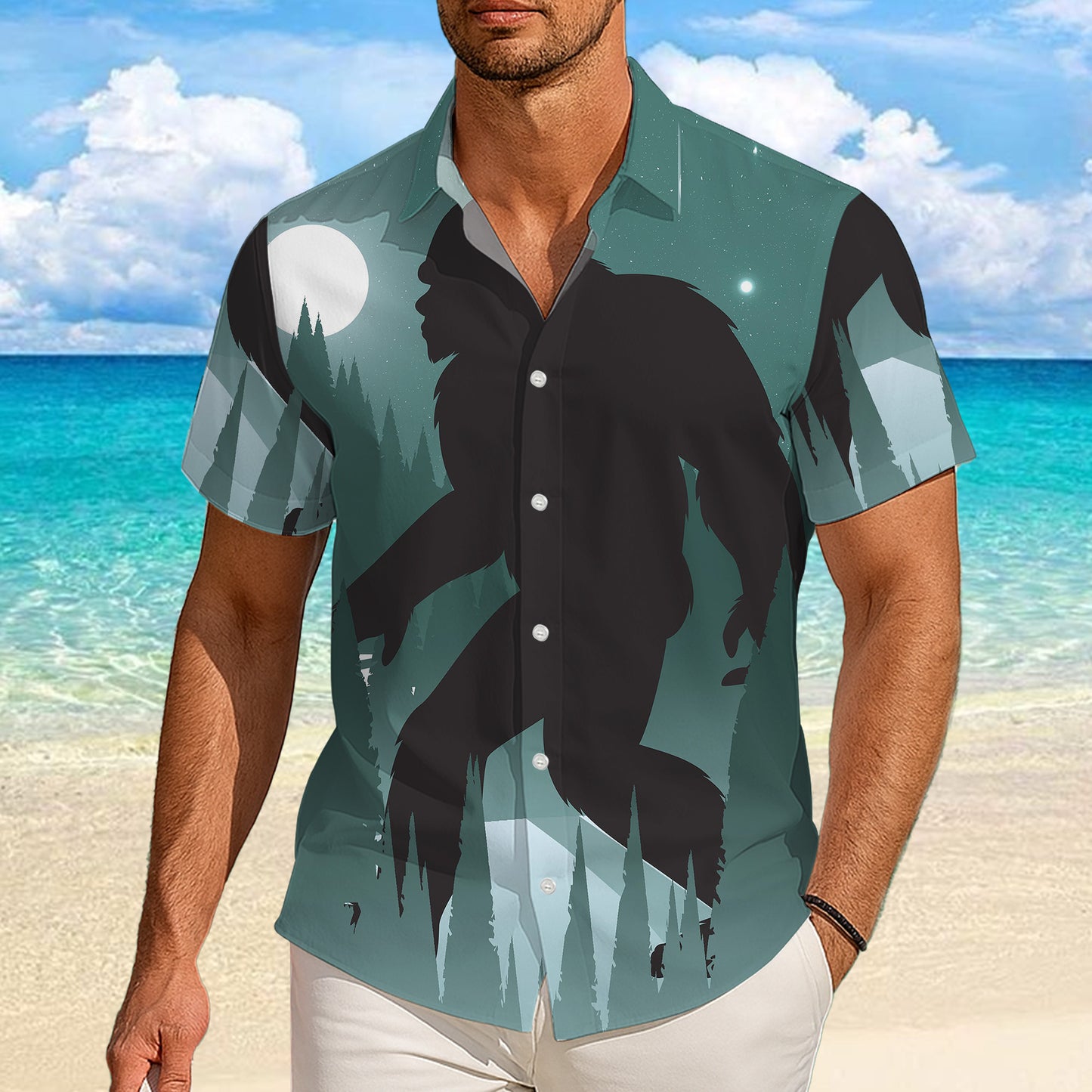 Bigfoot Night Forest Silhouette Artistic Hawaiian Shirt Men Women Casual Aloha