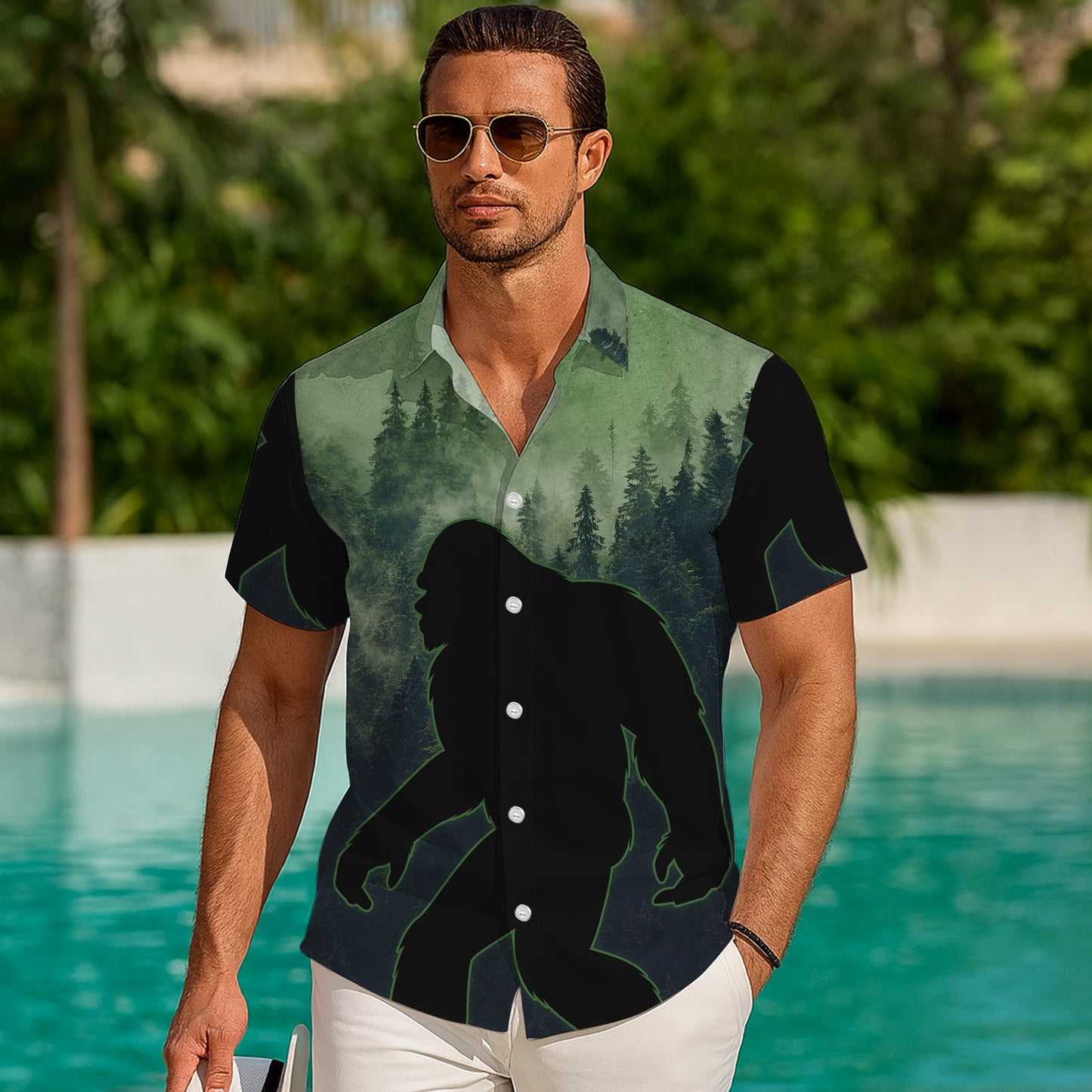 Sasquatch Hawaiian Shirt, Bigfoot Button Up Shirt for Men, Tropical Short Sleeve Beach Vacation Summer Casual Shirt - 0011