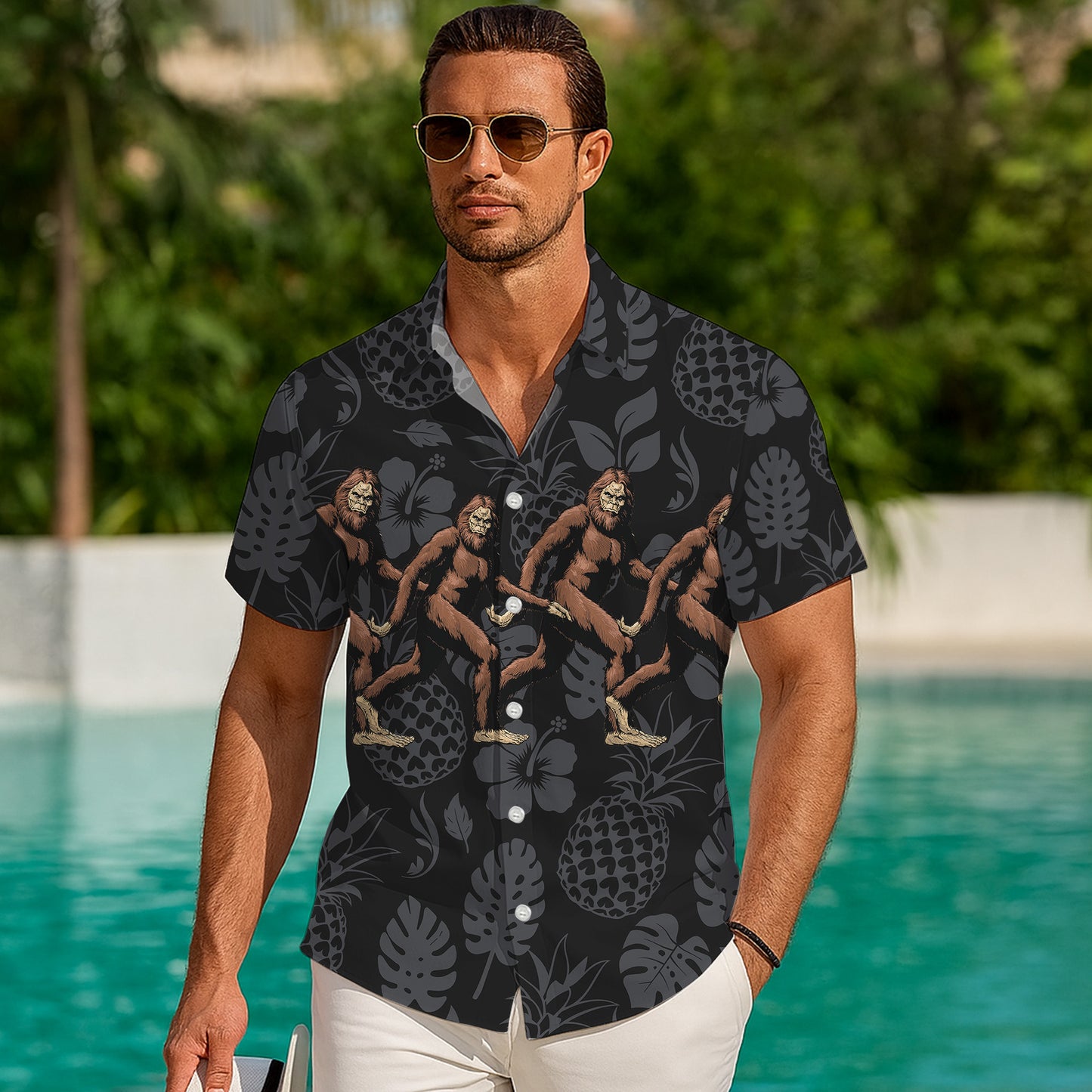 Bigfoot Tropical Monogram Flower Pattern Hawaiian Shirt Men Women Casual Aloha