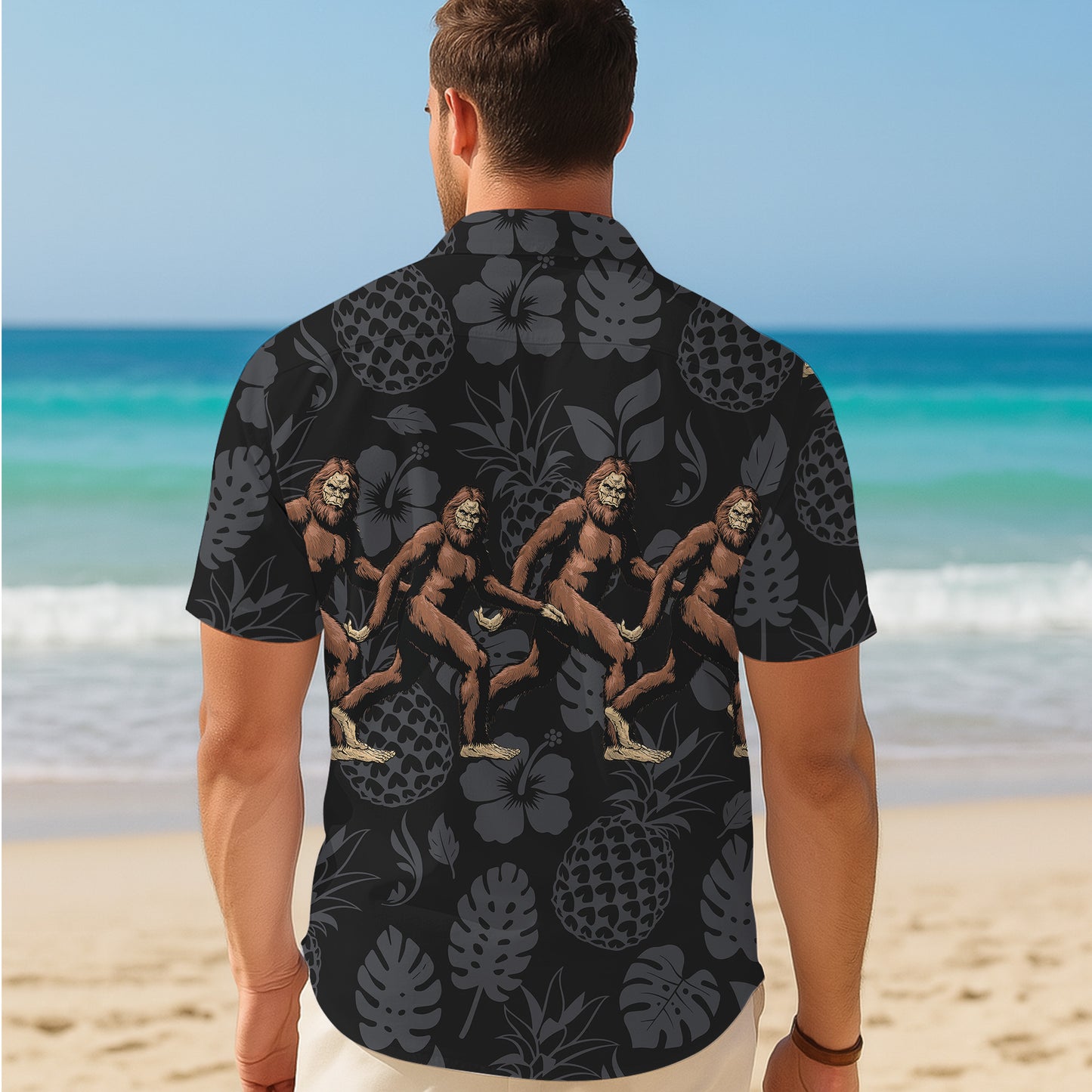 Bigfoot Tropical Monogram Flower Pattern Hawaiian Shirt Men Women Casual Aloha