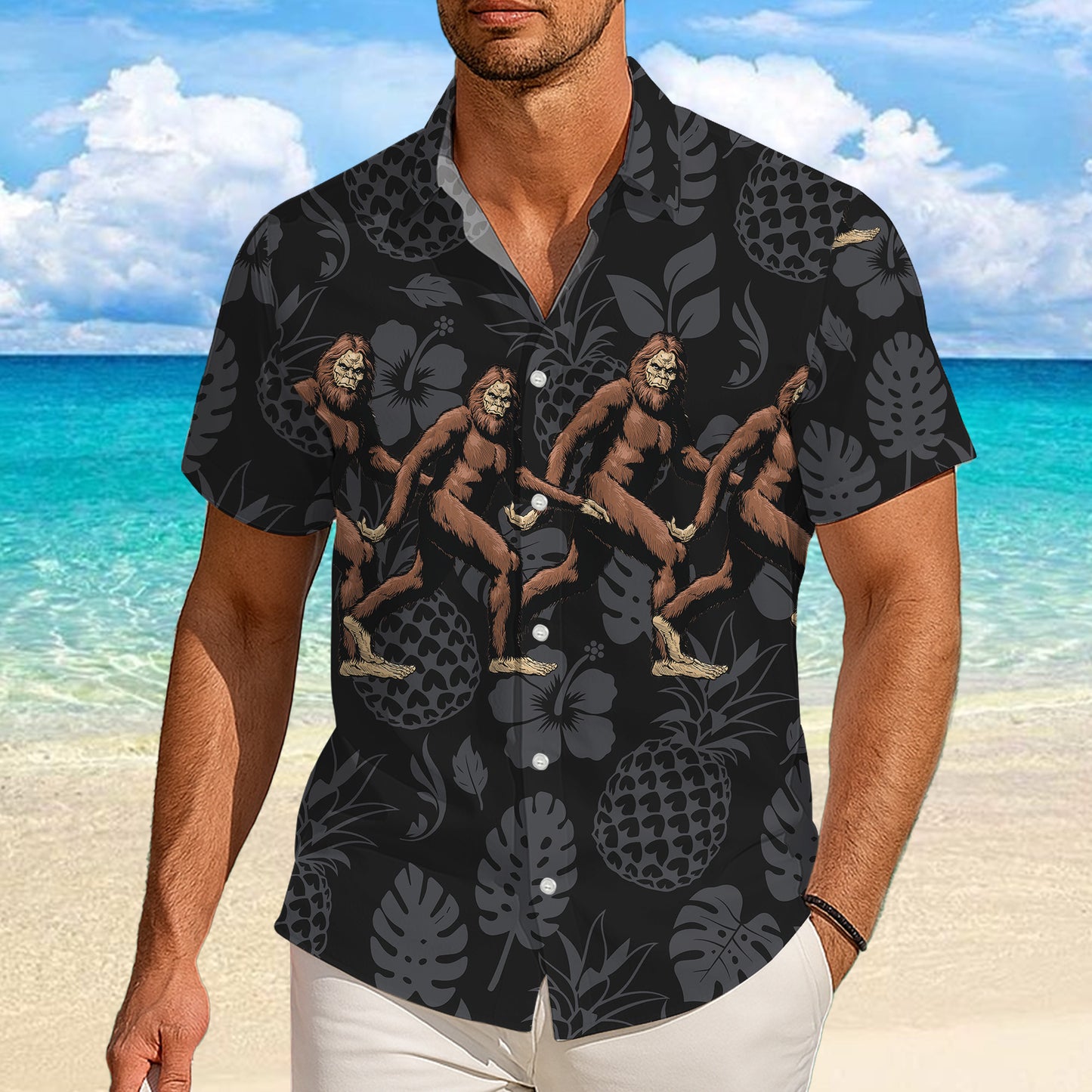 Bigfoot Tropical Monogram Flower Pattern Hawaiian Shirt Men Women Casual Aloha