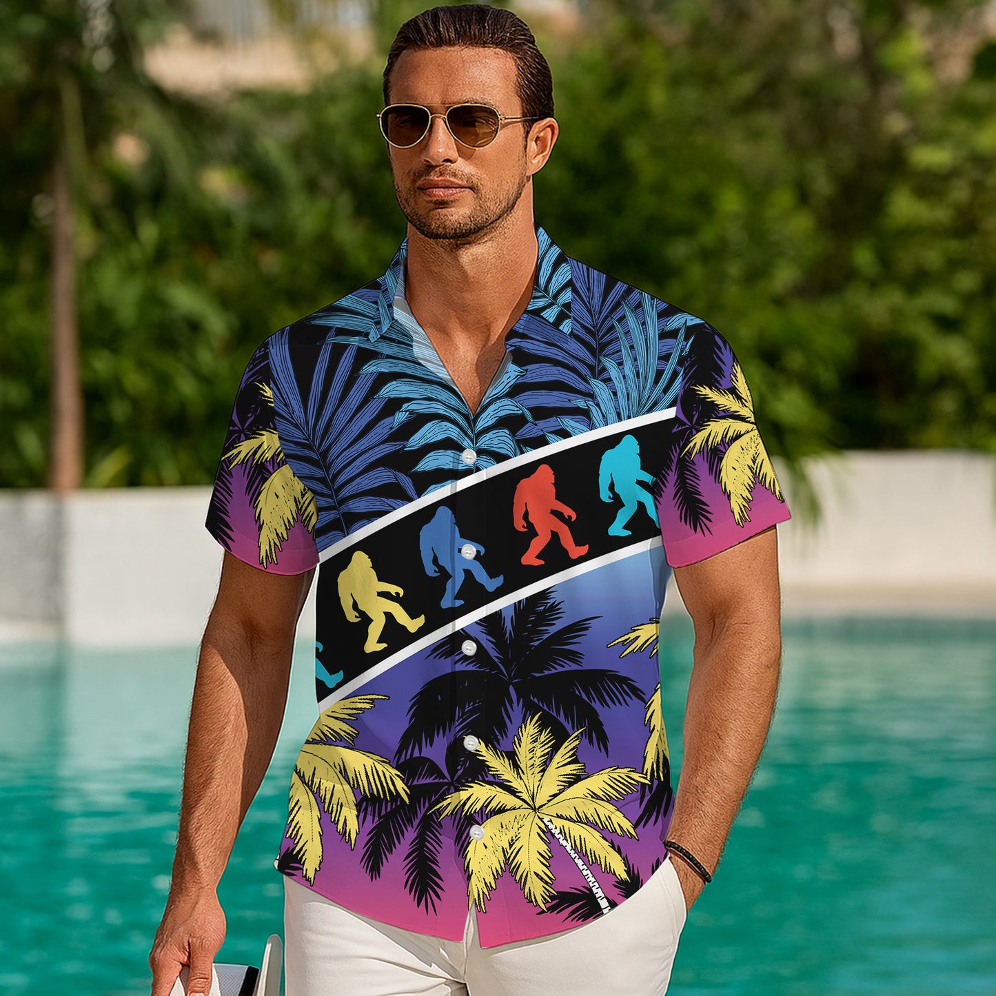 Bigfoot Retro Neon Silhouette Palm Tree Tropical Hawaiian Shirt Men Women Aloha